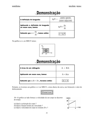 Mecânica Colégio IDESA
30
A definição de tangente: tg
cateto oposto
cateto adjacente
θ =
Aplicando a definição de tangente
no nosso caso, temos: tg
v
t
θ =
∆
∆
Sabendo que
t
v
a
∆
∆
= , temos então: θ≡ tga
No gráfico a x t, no MRUV temos:
A área de um retângulo: A = B.h
Aplicando em nosso caso, temos: a.tA ∆=
Sabendo que vt.a ∆=∆ , teremos então: Av ≡∆
Portanto, se tivermos um gráfico a x t no MRUV, a área abaixo da curva, nos fornecerá o valor do
deslocamento.
EXERCÍCIOS
38> O gráfico ao lado fornece a velocidade de um corpo no decorrer
do tempo.
(a) Qual a aceleração do corpo ?
(b) Qual a função horária da velocidade ?
(c) Qual a velocidade do corpo no instante 20 s ?
 