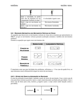 Mecânica Colégio IDESA
36
Qual a velocidade, no ponto
mais alto da trajetória de um
Lançamento Vertical p/ cima ?
A velocidade é igual a zero.
Qual o tipo de movimento na
subida ?
Movimento Retardado.
Qual o tipo de movimento na
descida ?
Movimento Acelerado.
4.4 - DESCRIÇÃO MATEMÁTICA DOS MOVIMENTOS VERTICAIS NO VÁCUO
As equações que descrevem os movimentos verticais no vácuo são as mesmas que apresentamos no
MRUV, já que os movimentos verticais possuem aceleração constante e também são movimentos
retilíneos.
Portanto as equações que regem esses movimentos são:
QUEDA LIVRE LANÇAMENTO VERTICAL
FUNÇÃO DA
VELOCIDADE
v g t= . v v g to= + .
FUNÇÃO
HORÁRIA
s g t=
1
2
2
. s s v t gto o= + +
1
2
2
EQUAÇÃO DE
TORRICELLI
v g s2
2= . .∆ v v g so
2 2
2= + . .∆
É importante notar que para facilidade dos problemas, utilizamos so = 0 no caso da queda livre, ou
seja colocamos nosso referencial de origem no início do movimento.
4.4.1 - ESTUDO DOS SINAIS DA ACELERAÇÃO DA GRAVIDADE
O sinal da aceleração da gravidade é adotado a partir do início do movimento. Caso o início seja de
cima para baixo teremos g positivo (pois o corpo estará descendo auxiliado pela gravidade). Caso o
início seja de baixo para cima, teremos g negativo (pois o corpo estará sendo lançado contra a
gravidade).
 