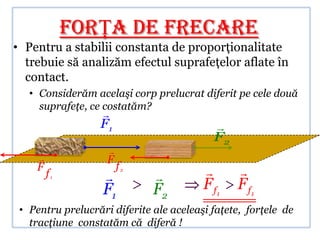 FORŢA DE FRECARE
• Pentru a stabilii constanta de proporţionalitate
  trebuie să analizăm efectul suprafeţelor aflate în
  contact.
   • Considerăm acelaşi corp prelucrat diferit pe cele două
     suprafeţe, ce costatăm?
                  
                  F1                       
                                           F2
                    
                   F
    F                   f2                     
        f1                   
                   F1         F2         F f1   F f1
 • Pentru prelucrări diferite ale aceleaşi faţete, forţele de
   tracţiune constatăm că diferă !
 