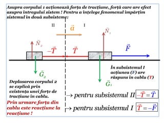 Asupra corpului 1 acţionează forţa de tracţiune, forţă care are efect
asupra întregului sistem ! Pentru a înţelege fenomenul împărţim
sistemul în două subsisteme:
                     II            I
                              a               
                                              N1
             
             N2                                       
                     T         T                        F

                                                 În subsistemul I
                                                acţiunea (F) are
               G2                                răspuns în cablu (T)
 Deplasarea corpului 2
                                               
 se explică prin                               G1
 existenţa unei forţe de                                
 tracţiune în cablu.           pentru subsistemul II T T
Prin urmare forţa din                                   
cablu este reacţiune la        pentru subsistemul I T    F
reacţiune !
 