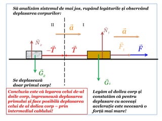 Să analizăm sistemul de mai jos, rupând legăturile şi observând
  deplasarea corpurilor:

                      II           I
                             a                       
                                             N1      a
             
             N2                                             
                                                  F1
                    T          T                             F

               
               G2
  Se deplasează
                                             
  doar primul corp!                          G1
Concluzia este că legarea celui de-al   Legăm al doilea corp şi
doile corp, îngreunează deplasarea      constatăm că pentru
primului şi face posibilă deplasarea    deplasare cu aceeaşi
celui de al doliea corp – prin          accleraţie este necesară o
intermediul cablului!                   forţă mai mare!
 