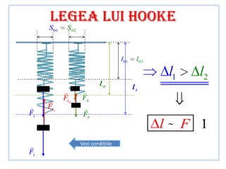 LEGEA LUI HOOKE
     S 01    S 02



                                      l01    l02

                                                       l1     l2
                             l2
                                            l1
                    
           Fe2      F2
    Fe1             
F1                   F2
                                                   l   ~    F 1
                   Vezi condiţiile
F1
 