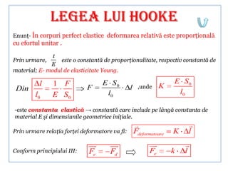 LEGEA LUI HOOKE
Enunţ- În corpuri perfect elastice deformarea relativă este proporţională
cu efortul unitar .
               1
Prin urmare,      este o constantă de proporţionalitate, respectiv constantă de
              E
material; E- modul de elasticitate Young.

          l    1 F                 E S0                         E S0
 Din                         F                  l ,unde K
        l0     E S0                 l0                           l0

-este constanta elastică → constantă care include pe lângă constanta de
material E şi dimensiunile geometrice iniţiale.
                                                                   
Prin urmare relaţia forţei deformatore va fi:   Fdeformatoare   K   l
                             
                                     
                                                     
                                                                   
Conform principiului III:    Fe       Fd              Fe        k   l
 