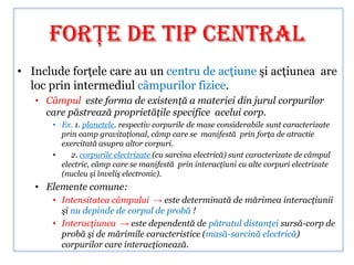 FORŢE DE TIP CENTRAL
• Include forţele care au un centru de acţiune şi acţiunea are
  loc prin intermediul câmpurilor fizice.
   • Câmpul este forma de existenţă a materiei din jurul corpurilor
     care păstrează proprietăţile specifice acelui corp.
      • Ex. 1. planetele, respectiv corpurile de mase considerabile sunt caracterizate
        prin camp gravitaţional, câmp care se manifestă prin forţa de atractie
        exercitată asupra altor corpuri.
      •    2. corpurile electrizate (cu sarcina electrică) sunt caracterizate de câmpul
        electric, câmp care se manifestă prin interacţiuni cu alte corpuri electrizate
        (nucleu şi înveliş electronic).
   • Elemente comune:
      • Intensitatea câmpului → este determinată de mărimea interacţiunii
        şi nu depinde de corpul de probă !
      • Interacţiunea → este dependentă de pătratul distanţei sursă-corp de
        probă şi de mărimile caracteristice (masă-sarcină electrică)
        corpurilor care interacţionează.
 