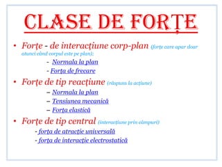 Clase de forŢe
• Forţe - de interacţiune corp-plan (forţe care apar doar
  atunci când corpul este pe plan);
             - Normala la plan
             - Forţa de frecare
• Forţe de tip reacţiune (răspuns la acţiune)
             – Normala la plan
             – Tensiunea mecanică
             – Forţa elastică
• Forţe de tip central (interacţiune prin câmpuri)
        - forţa de atracţie universală
        - forţa de interacţie electrostatică
 