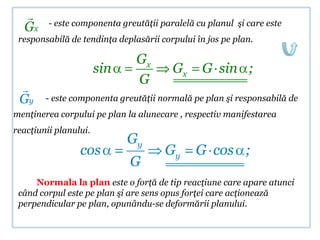 
         - este componenta greutăţii paralelă cu planul şi care este
  Gx
 responsabilă de tendinţa deplasării corpului în jos pe plan.

                               Gx
                       sin              Gx     G sin ;
                               G
 
 Gy     - este componenta greutăţii normală pe plan şi responsabilă de
menţinerea corpului pe plan la alunecare , respectiv manifestarea
reacţiunii planului.
                             Gy
                 cos                  Gy      G cos ;
                             G
     Normala la plan este o forţă de tip reacţiune care apare atunci
 când corpul este pe plan şi are sens opus forţei care acţionează
 perpendicular pe plan, opunându-se deformării planului.
 
