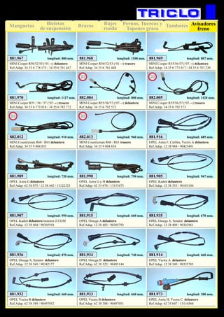 Bujes
rueda
Pernos, Tuercas y
Tapones grasa
TamboresManguetas BrazosBieletas
de suspensión
Avisadores
freno
102
SUSPENSIÓN Y FRENO
881.916
OPEL Astra F, Calibra, Vectra A delantero
Ref.Adap. 12 38 984 / 90425491
longitud: 685 mm.
881.989
OPEL Astra G delantero
Ref.Adap. 62 38 075 / 12 38 442 / 13122323
longitud: 720 mm. 881.990
OPEL Astra G y H delantero
Ref.Adap. 62 35 674 / 13153473
longitud: 750 mm. 881.905
OPEL Kadett delantero
Ref.Adap. 12 38 353 / 90185106
longitud: 967 mm.
881.907
OPEL Kadett delantero motores 2.0 GSI
Ref.Adap. 12 38 404 / 90305918
longitud: 950 mm.
881.934
OPEL Omega B delantero
Ref.Adap. 62 38 323 / 90495144
longitud: 740 mm.
881.935
OPEL Omega A, Senator delantero
Ref.Adap. 12 38 409 / 90343961
longitud: 670 mm.
881.936
OPEL Omega A, Senator delantero
Ref.Adap. 12 38 369 / 90342177
longitud: 870 mm.
881.915
OPEL Omega A delantero
Ref.Adap. 12 38 403 / 90305792
longitud: 660 mm.
881.914
OPEL Vectra A delantero
Ref.Adap. 12 38 349 / 90335785
longitud: 660 mm.
881.932
OPEL Vectra B delantero
Ref.Adap. 62 38 389 / 90497052
longitud: 660 mm. 881.933
OPEL Vectra B delantero
Ref.Adap. 62 38 388 / 90497051
longitud: 660 mm. 881.973
OPEL Astra H, Vectra C delantero
Ref.Adap. 62 35 647 / 13116560
longitud: 300 mm.
881.969
MINI Cooper R55/56/57 (‘07→) delantero
Ref.Adap. 34 35 6 773 017 / 34 35 6 783 230
longitud: 807 mm.
881.970
MINI Cooper R55 / 56 / 57 (‘07→) trasero
Ref.Adap. 34 35 6 773 018 / 34 35 6 783 772
longitud: 1127 mm.
881.967
MINI Cooper R50/52/53 (‘01→) delantero
Ref.Adap. 34 35 6 778 175 / 34 35 6 761 447
longitud: 880 mm. 881.968
MINI Cooper R50/52/53 (‘01→) trasero
Ref.Adap. 34 35 6 761 448
longitud: 1100 mm.
882.004
MINI Cooper R55/56/57 (‘07→) delantero
Ref.Adap. 34 35 6 792 572
longitud: 800 mm.
New
2013
882.005
MINI Cooper R55/56/57 (‘07→) trasero
Ref.Adap. 34 35 6 792 573
longitud: 1128 mm.
New
2013
882.012
MINI Countryman R60 / R61 delantero
Ref.Adap. 34 35 9 804 833
longitud: 910 mm.
New
2013
882.013
MINI Countryman R60 / R61 trasero
Ref.Adap. 34 35 9 804 834
longitud: 960 mm.
New
2013
 