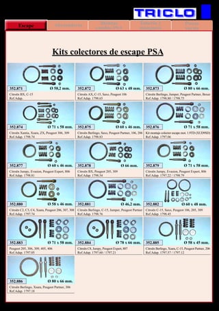 Piezas
variasEscape Tapas y Cuerpos
de termostato
Tubería y
manguera
Abrazaderas Bieletas
cambio PSA
104
352.878
Citroën BX, Peugeot 205, 309
Ref.Adap. 1798.54
Ø 66 mm.
352.881
Citroën Berlingo, C-15, Jumper, Peugeot Partner
Ref.Adap. 1798.76
Ø 46,2 mm.
352.872
Citroën AX, C-15, Saxo, Peugeot 106
Ref.Adap. 1798.65
Ø 63 x 48 mm.352.871
Citroën BX, C-15
Ref.Adap.
Ø 58,2 mm. 352.873
Citroën Berlingo, Jumper, Peugeot Partner, Boxer
Ref.Adap. 1798.80 / 1798.75
Ø 80 x 66 mm.
352.875
Citroën Berlingo, Saxo, Peugeot Partner, 106, 206
Ref.Adap. 1798.83
Ø 60 x 46 mm.
352.885
Citroën Berlingo, Xsara, C-15, Peugeot Partner, 206
Ref.Adap. 1797.57 / 1797.12
Ø 58 x 45 mm.
352.886
Citroën Berlingo, Xsara, Peugeot Partner, 306
Ref.Adap. 1797.18
Ø 80 x 66 mm.
352.880
Citroën C2, C3, C4, Xsara, Peugeot 206, 307, 308
Ref.Adap. 1797.74
Ø 58 x 46 mm.
352.884
Citroën C8, Jumpy, Peugeot Expert, 807
Ref.Adap. 1797.60 / 1797.21
Ø 78 x 66 mm.
352.882
Citroën C-15, Saxo, Peugeot 106, 205, 309
Ref.Adap. 1798.45
Ø 60 x 48 mm.
352.877
Citroën Jumpy, Evasion, Peugeot Expert, 806
Ref.Adap. 1798.81
Ø 60 x 46 mm. 352.879
Citroën Jumpy, Evasion, Peugeot Expert, 806
Ref.Adap. 1797.22 / 1798.79
Ø 71 x 58 mm.
352.874
Citroën Xantia, Xsara, ZX, Peugeot 306, 309
Ref.Adap. 1798.74
Ø 71 x 58 mm.
352.883
Peugeot 205, 306, 309, 405, 406
Ref.Adap. 1797.05
Ø 71 x 58 mm.
352.876
Kit montaje colector escape mot. 1.9TD (XUD9SD)
Ref.Adap. 1797.06
Ø 71 x 58 mm.
VARIOS
Kits colectores de escape PSA
 