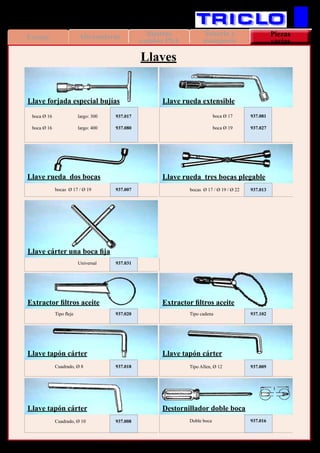 AbrazaderasEscape Piezas
varias
Tapas y Cuerpos
de termostato
Tubería y
manguera
Bieletas
cambio PSA
114
VARIOS
Llave forjada especial bujías
	 boca Ø 16	 largo: 300	 937.017
	 boca Ø 16	 largo: 400	 937.080
Llave rueda extensible
		 boca Ø 17	 937.081
		 boca Ø 19	 937.027
Llave rueda dos bocas
		 bocas Ø 17 / Ø 19	 937.007
Llave rueda tres bocas plegable
		 bocas Ø 17 / Ø 19 / Ø 22	 937.013
		 Universal	 937.031
Extractor filtros aceite
		 Tipo fleje	 937.020
Extractor filtros aceite
		 Tipo cadena	 937.102
Llave tapón cárter
		 Cuadrado, Ø 8	 937.018
Llave tapón cárter
		 Tipo Allen, Ø 12	 937.009
Llave tapón cárter
		 Cuadrado, Ø 10	 937.008
Destornillador doble boca
		 Doble boca	 937.016
Llave cárter una boca fija
Llaves
 