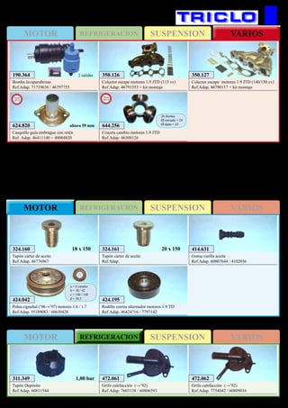 SUSPENSIONREFRIGERACIONMOTOR VARIOS
SUSPENSIONMOTOR REFRIGERACION VARIOS
SUSPENSIONMOTOR REFRIGERACION VARIOS
122
A.Romeo 155
424.042
Polea cigueñal (‘96→’97) motores 1.6 / 1.7
Ref.Adap. 55189083 / 60630428
a = 6 canales
b = 38 / 42
c = 140 / 148
d = 30,5
311.349
Tapón Depósito
Ref.Adap. 60811544
1,00 bar 472.061
Grifo calefacción (→’92)
Ref.Adap. 7603138 / 60806593
472.062
Grifo calefacción (→’92)
Ref.Adap. 7754042 / 60809016
414.631
Goma varilla aceite
Ref.Adap. 60807644 / 4102056
324.160
Tapón cárter de aceite
Ref.Adap. 46776967
18 x 150 324.161
Tapón cárter de aceite
Ref.Adap.
20 x 150
424.195
Rodillo correa alternador motores 1.9 TD
Ref.Adap. 46424716 / 7797142
350.126
Colector escape motores 1.9 JTD (115 cv)
Ref.Adap. 46791353 + kit montaje
350.127
Colector escape motores 1.9 JTD (140/150 cv)
Ref.Adap. 46790117 + kit montaje
190.364
Bomba lavaparabrisas
Ref.Adap. 71719636 / 46797755
2 salidas
A.Romeo 147
624.820
Casquillo guía embrague con retén
Ref. Adap. 46411140 + 40004820
New
2013
altura 59 mm 644.256
Cruceta cambio motores 1.9 JTD
Ref.Adap. 46308126
26 dientes
Ø estriado = 29
Ø dado = 43
New
2013
 
