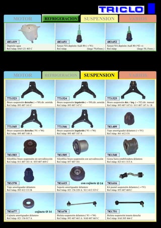 SUSPENSIONMOTOR REFRIGERACION VARIOS
SUSPENSIONMOTOR REFRIGERACION VARIOS
132
AUDI 80 / 90
483.419
Depósito agua
Ref.Adap. 8A0 121 403 C
483.651
Sensor NA depósito Audi 80 (→’91)
Ref.Adap. (largo 79,65mm.)
483.652
Sensor NA depósito Audi 80 (‘92→)
Ref.Adap. (largo 58,15mm.)
783.616
Kit puntal suspensión delantera (→’91)
Ref.Adap. 855 407 469 C
783.678
Bieleta suspensión delantera (‘81→’94)
Ref.Adap. 893 407 465 A / 8A0 407 465 C
783.751
Bieleta suspensión trasera derecha
Ref.Adap. 8A0 505 466 C
783.615
Soporte amortiguador delantero
Ref.Adap. 021 156 228 A / 811 412 323 C
con cojinete Ø 14
783.677
Cojinete amortiguador delantero
Ref.Adap. 021 156 017 A
cojinete Ø 14
783.570
Tope amortiguador delantero
Ref.Adap. 893 412 131 B
783.409
Tope amortiguador delantero (→’91)
Ref.Adap. 861 412 131
783.540
Goma barra estabilizadora delantera
Ref.Adap. 823 411 313 A
783.503
Silentbloc brazo suspensión sin servodirección
Ref.Adap. 811 407 181 A / 855 407 469 C
783.505
Silentbloc brazo suspensión con servodirección
Ref.Adap. 857 407 181
773.523
Brazo suspensión derecho (→’89) dir. asistida
Ref.Adap. 893 407 141 C
773.524
Brazo suspensión izquierdo (→’89) dir. asistida
Ref.Adap. 893 407 147 C
773.525
Brazo suspensión der. / izq. (→’92) dir. manual
Ref.Adap. 893 407 147 G / 811 407 147 A / B
773.545
Brazo suspensión derecho (‘91→’96)
Ref.Adap. 895 407 148 A
773.546
Brazo suspensión izquierdo (‘91→’96)
Ref.Adap. 895 407 147 A
 