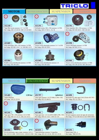 SUSPENSIONREFRIGERACIONMOTOR VARIOS
SUSPENSIONMOTOR REFRIGERACION VARIOS
140
423.791
Polea cigueñal (‘00→’05) motores 1.4 TDI
Ref.Adap. 045 105 243 C / 045 105 243
a = 6 canales
b = 34,5 / 41,7
c = 136 / 143
d = 30
423.869
Polea alternador (‘00→’05) motores 1.4 TDI
Ref.Adap. 022 903 119 C / A / 038 903 119 T
423.964
Rodillo correa distribución motores 1.4 TDI
Ref.Adap. 038 109 244 J
423.965
Rodillo correa distribución motores 1.4
Ref.Adap. 036 109 244 J
423.966
Tensor correa distribución motores 1.4 TDI
Ref.Adap. 038 109 243 M / 045 109 243 F
413.191
Enfriador aceite (‘00→’05) motores 1.4 TDI
Ref.Adap. 028 117 021 L / K / B
New
2012
423.858
Tensor correa alternador motores 1.4 / 1.6 FSI
Ref.Adap. 030 145 299 F
423.998
Tensor alternador motores 1.4 TDI
Ref.Adap. 045 903 315 A
New
2012
312.145
Tapa filtro aceite motores 1.2 / 1.4 TDI
Ref. Adap. 045 115 433 D / 045 115 433 B/E
New
2013
AUDI A2
313.403
Tapón Depósito
Ref.Adap. 1J0 121 321 B
1,50 bar 453.797
Tubo agua motores 1.4 (75/100cv) (‘00→’05)
Ref.Adap. 032 121 065 D
(plástico)
463.699
Kit para agujeros sensor de tapas de termostato
Ref.Adap. 357121140+032121142+N90316802
463.481
Tapa agua mot. 1.2/1.4 (ANY/AMF) (‘00→’05)
Ref.Adap. 038 121 132 C / 038 121 133
463.826
Kit de termostato, tapa y junta motores 1.0/1.4
Ref. 032121110B + 032121121J + 032121119H
483.454
Sensor agua (‘00→)
Ref.Adap. 7M0 919 376
463.831
Tapa termostato motores 1.4 gasolina
Ref. Adap. 032 121 121 K / 032 121 121 G
New
2011
87ºC
463.090
Retenedor fij. tubo agua VAG (Triclo 453.797)
Ref. Adap. 032 121 142 A
New
2012
463.241
Tapa agua (‘00→’05) motores 1.2/1.4 TDI
Ref. Adap. 045 121 121 A / 03L 121 121 C
New
2013
 