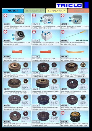 SUSPENSIONREFRIGERACIONMOTOR VARIOS
156
AUDI A4
413.190
Enfriador aceite (‘94→’01) mot. 1.6 / 2.4 / 2.6
Ref.Adap. 078 117 021 A
New
2012
413.191
Enfriador aceite (‘99→’08) motores 1.8 / 1.9TDI
Ref.Adap. 028 117 021 L / K / B
New
2012
413.192
Enfriador aceite (‘94→’09) motores 1.8 / 1.9TDI
Ref.Adap. 068 117 021 B
New
2012
413.193
Enfriador aceite (→’08) mot. 1.9 TDI / 2.4 / 3.0
Ref.Adap. 028 117 021 E
New
2012
413.194
Enfriador aceite (‘01→) mot. 1.9 TDI / 2.0 TDI
Ref.Adap. 038 117 021 E / D / C / B
New
2012
413.698
Guía varilla nivel aceite motores 1.6
Ref.Adap. 06A 103 663 A
413.670
Guía varilla nivel aceite motores 1.9 TDI
Ref.Adap. 028 103 663 B / A
413.714
Guía varilla nivel aceite (‘95→’04)
Ref.Adap. 038 103 663
423.310
Polea cigueñal (‘95→’01) motores 1.9 TDI/Di
Ref.Adap. 028 105 243 Q
a = 4+5 canales
b = 45 / 53
c = 145 / 155
d = 30
423.308
Polea cigueñal (‘97→’06) motores 2.5 TDI
Ref.Adap. 059 105 251 AC / 059 105 251 M
a = 4+6 canales
b = 50 / 64
c = 188 / 192
d = 34
423.309
Polea cigueñal (‘04→) motores 3.0 TDI
Ref.Adap. 059 105 251 AD / 059 105 251 S
a = 6 canales
b = 30 / 49
c = 188 / 192
d = 24
423.290
Polea cigueñal (‘00→’04) motores 1.9 TDI
Ref.Adap. 038 105 243 F
a = 4+5 canales
b = 40 / 47
c = 139 / 143
d = 30 423.306
Polea cigueñal (‘01→) motores 1.8T/2.0/2.0FSI
Ref.Adap. 06A 105 243 E
a = 6 canales
b = 29,5 / 35,5
c = 137 / 142
d = 30
423.355
Polea cigueñal (‘01→) motores 1.9 / 2.0 TDI
Ref.Adap. 03G 105 243
a = 6 canales
b = 34,5 / 42
c = 138 / 143
d = 30
423.794
Polea cigueñal (‘95→’01) motores 1.8 / 1.8T
Ref.Adap. 058 105 251 E
a = 5+4 canales
b = 43 / 52
c = 138 / 143
d = 30
423.797
Polea cigueñal (‘99→’01) motores 1.8/1.8T (AWT)
Ref.Adap. 06B 105 243 D
a = 5+4 canales
b = 43,5 / 50
c = 138 / 143
d = 30
423.795
Polea cigueñal (‘08→) mot. 1.8 TFSI / 2.0 TFSI
Ref.Adap. 06H 105 243 G / F / C
a = 6 canales
b = 29,1 / 35,5
c = 138 / 143
d = 16,3
423.796
Polea cigueñal (‘05→) motores 2.0 TFSI
Ref.Adap. 06F 105 243 J / H
a = 6 canales
b = 29,2 / 35,5
c = 138 / 143
d = 30
423.793
Polea cigueñal (‘95→’06) motores 2.8 / 3.0
Ref.Adap. 078 105 251 R / Q / L
a = 6 canales
b = 33 / 42
c = 161 / 166
d = 31
423.234
Polea alternador (→’08) mot. 1.6 / 1.9TDI / 1.8
Ref.Adap. 022 903 119 B / D / 028 903 119 AC
New
2012
413.181
Varilla aceite (‘99→’08) motores 1.9 TDI
Ref. Adap. 038 115 611 B
New
2013
largo total: 560 mm.
 