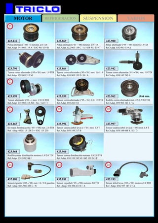 SUSPENSIONREFRIGERACIONMOTOR VARIOS
157
AUDI A4
423.999
Tensor alternador (‘01→) mot. 1.9/2.0 TDI
Ref.Adap. 038 903 315 AH / AG / AD / T
New
2012
423.959
Tensor correa alternador (‘95→’04) 1.8 / 1.9 TDI
Ref.Adap. 058 260 511
423.962
Rodillo correa alternador mot. 2.5/2.7/3.0 TDI
Ref.Adap. 059 903 341 E / A
Ø 64 mm.
423.964
Rodillo correa distribución motores 1.9/2.0 TDI
Ref.Adap. 038 109 244 J
423.966
Tensor correa distribución motores 1.9/2.0 TDI
Ref.Adap. 038 109 243 M / 045 109 243 F
423.864
Tensor correa alternador (‘95→’01) mot. 1.6 / 1.8
Ref.Adap. 058 903 133 D / B / A
423.790
Tensor correa alternador (‘95→’01) mot. 1.9 TDI
Ref.Adap. 028 903 315 M
423.942
Tensor correa alternador (‘01→’04) mot. 1.9 TDI
Ref.Adap. 038 145 283 A
423.996
Tensor cadena árbol levas (→’01) mot. 1.8 T
Ref.Adap. 058 109 217 B
New
2013
422.167
Kit repar. bomba aceite (‘05→’08) mot. 2.0 TDI
Ref. Adap. 03G 115 124 D + 03G 115 230
New
2013
432.180
Sensor cigueñal (‘05→’08) mot. 1.6 / 2.0 gasolina
Ref. Adap. 06A 906 433 L / N
New
2013
423.869
Polea alternador (‘01→’08) motores 1.9 TDI
Ref.Adap. 022 903 119 C / A / 038 903 119 T
423.236
Polea alternador (‘08→) motores 2.0 TDI
Ref.Adap. 045 903 119 A / 03G 903 119 B
New
2012
423.980
Polea alternador (‘95→’00) motores 1.9TDI
Ref.Adap. 03D 903 119 A
432.181
Sensor cigueñal (‘05→’08) motores 2.0 TDI
Ref. Adap. 036 906 433 E / A
New
2013
432.183
Sensor árbol levas (‘05→’08) motores 2.0 TDI
Ref. Adap. 03G 957 147 C / A
New
2013
423.997
Tensor cadena árbol levas (→’08) mot. 1.8 T
Ref.Adap. 058 109 088 K / E / D
New
2013
 