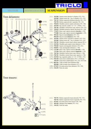 SUSPENSIONMOTOR REFRIGERACION VARIOS
160
AUDI A4
Tren delantero:
Tren trasero:
[ 1 ] - 	 783.751	 Bieleta suspensión trasera derecha (‘94→’01)
	 783.752	 Bieleta suspensión trasera izquierda (‘94→’01)
[ 2 ] - 	 872.031	 Kit juntas pinza freno trasero (‘94→’08)
[ 3 ] - 	 903.459	 Mangeta freno trasero (‘95→’01)
[ 4 ] - 	 334.352	 Perno de rueda
[ 1 ] - 	 363.904	 Soporte motor derecho 4 cilindros (‘95→’01)
	 363.905	 Soporte motor der. / Izq. 6 cilindros (‘95→’01)
[ 2 ] -	 783.749	 Bieleta suspensión delantera derecha (‘94→’01)
	 783.750	 Bieleta suspensión del. izquierda (‘94→’01)
[ 3 ] - 	 783.834	 Silentbloc anterior soporte sub-chasis (‘95→’04)
[ 4 ] - 	 363.945	 Sop. derecho cambio 1.6 / 1.8 / 1.9TDI (→’01)
[ 5 ] - 	 783.783	 Silentbloc central brazo susp. inferior (‘94→’01)
[ 6 ] - 	 783.835	 Silentbloc posterior soporte sub-chasis(‘95→’04)
[ 7 ] - 	 773.879	 Brazo susp. superior posterior derecho (→’05)
	 773.880	 Brazo susp. superior posterior izquierdo (→’05)
[ 8 ] - 	 903.462	 Buje de rueda delantero (‘95→’01)
	 903.649	 Buje de rueda delantero (‘94→’08)
[ 9 ] - 	 363.903	 Soporte motor izquierdo 4 cilindros (‘95→’01)
	 363.905	 Soporte motor der. / Izq. 6 cilindros (‘95→’01)
[ 10 ] - 	783.782	 Silentbloc exterior brazo inferior anterior(‘98→)
[ 11 ] - 	363.946	 Silentbloc guía soporte motor delantero (→’01)
[ 12 ] - 	783.683	 Soporte amortiguador delantero (‘94→’01)
[ 13 ] - 783.833		 Tope amortiguador delantero (→’08)
[ 14 ] - 	773.389	 Brazo susp. superior anterior derecho (→’05)
	 773.390	 Brazo susp. superior anterior izquierdo (→’05)
[ 15] - 	783.784	 Silentbloc interior brazo susp. inferior (→’08)
[ 16 ] - 	783.781	 Silentbloc exterior brazo susp. superior (→’98)
[ 17 ] - 	363.944	 Sop. izquierdo cambio 1.6 / 1.8 / 1.9 TDI (→’01)
[ 18 ] - 783.328		 Goma barra estabilizadora (‘94→) - Ø 24 mm.
	 783.329	 Goma barra estabilizadora (‘94→’01) - Ø 27 mm.
[ 19 ] - 881.944		 Cable avisador freno delantero RS4
	 882.000	 Cable avisador freno delantero (‘07→)
[ 20 ] - 	872.032	 Kit juntas pinza freno delantero (‘94→’08)
[ 21 ] - 	334.352	 Perno de rueda
 