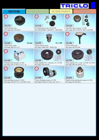 SUSPENSIONREFRIGERACIONMOTOR VARIOS
164
AUDI A5 / Q5
423.355
Polea cigueñal (‘07→) motores 1.9 / 2.0 TDI
Ref.Adap. 03G 105 243
a = 6 canales
b = 34,5 / 42
c = 138 / 143
d = 30 423.795
Polea cigueñal (‘07→) mot. 1.8 TFSI / 2.0 TFSI
Ref.Adap. 06H 105 243 G / F / C
a = 6 canales
b = 29,1 / 35,5
c = 138 / 143
d = 16,3
323.939
Tapón cárter de aceite
Ref.Adap. N90813201 / N90813202
14 x 150
423.236
Polea alternador motores 2.0 TDI
Ref.Adap. 045 903 119 A / 03G 903 119 B
New
2012
423.999
Tensor alternador motores 2.0 TDI
Ref.Adap. 038 903 315 AH / AG / AD / T
New
2012
413.194
Enfriador aceite motores 2.0 TDI
Ref.Adap. 038 117 021 E / D / C / B
New
2012
423.964
Rodillo correa distribución motores 2.0 TDI
Ref.Adap. 038 109 244 J
312.144
Kit fijación tapa motor 1.9/2.0 TDI
Ref. 028103638G + 028103937 + 028103665
New
2013
312.145
Tapa filtro aceite motores 1.9 TDI
Ref. Adap. 045 115 433 D / 045 115 433 B/E
New
2013
322.625
Tapón trasero culata
Ref.Adap. 06B 103 113 C
New
2013
26 mm 413.186
Sensor cárter aceite
Ref.Adap. 06E 907 660
New
2013
312.179
Tapón llenado aceite
Ref. Adap. 06C 103 485 N
New
2013
 