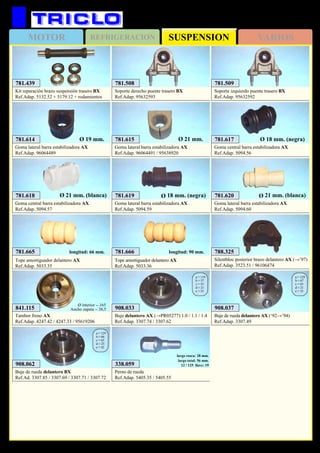 SUSPENSIONMOTOR REFRIGERACION VARIOS
209
CITROËN Ax / Bx
788.325
Silentbloc posterior brazo delantero AX (→’97)
Ref.Adap. 3523.51 / 96106474
781.618
Goma central barra estabilizadora AX
Ref.Adap. 5094.57
Ø 21 mm. (blanca) 781.619
Goma lateral barra estabilizadora AX
Ref.Adap. 5094.59
Ø 18 mm. (negra) 781.620
Goma lateral barra estabilizadora AX
Ref.Adap. 5094.60
Ø 21 mm. (blanca)
781.614
Goma lateral barra estabilizadora AX
Ref.Adap. 96064489
Ø 19 mm.
908.037
Buje de rueda delantero AX (‘92→’94)
Ref.Adap. 3307.49
a = 129
b = 67
c = 65
d = 21
e = 35
908.033
Buje delantero AX (→PR05277) 1.0 / 1.1 / 1.4
Ref.Adap. 3307.74 / 3307.62
a = 119
b = 57
c = 55
d = 21
e = 35
908.062
Buje de rueda delantero BX
Ref.Ad. 3307.85 / 3307.69 / 3307.71 / 3307.72
a = 129
b = 66
c = 65
d = 25
e = 42
841.115
Tambor freno AX
Ref.Adap. 4247.42 / 4247.33 / 95619206
Ø interior = 165
Ancho zapata = 38,5
781.439
Kit reparación brazo suspensión trasero BX
Ref.Adap. 5132.52 + 5179.12 + rodamientos
781.665
Tope amortiguador delantero AX
Ref.Adap. 5033.35
longitud: 66 mm. 781.666
Tope amortiguador delantero AX
Ref.Adap. 5033.36
longitud: 90 mm.
781.508
Soporte derecho puente trasero BX
Ref.Adap. 95632593
781.509
Soporte izquierdo puente trasero BX
Ref.Adap. 95632592
781.617
Goma central barra estabilizadora AX
Ref.Adap. 5094.56
Ø 18 mm. (negra)781.615
Goma lateral barra estabilizadora AX
Ref.Adap. 96064491 / 95638920
Ø 21 mm.
338.059
Perno de rueda
Ref.Adap. 5405.35 / 5405.55
largo rosca: 28 mm.
largo total: 56 mm.
12 / 125 llave: 19
 