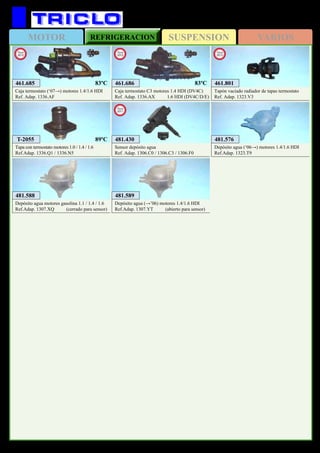 SUSPENSIONMOTOR REFRIGERACION VARIOS
231
CITROËN C2 y C3
T-2055
Tapa con termostato motores 1.0 / 1.4 / 1.6
Ref.Adap. 1336.Q1 / 1336.N5
481.588
Depósito agua motores gasolina 1.1 / 1.4 / 1.6
Ref.Adap. 1307.XQ (cerrado para sensor)
481.589
Depósito agua (→’06) motores 1.4/1.6 HDI
Ref.Adap. 1307.YT (abierto para sensor)
481.576
Depósito agua (‘06→) motores 1.4/1.6 HDI
Ref.Adap. 1323.T9
461.685
Caja termostato (‘07→) motores 1.4/1.6 HDI
Ref. Adap. 1336.AF
New
2012
461.686
Caja termostato C3 motores 1.4 HDI (DV4C)
Ref. Adap. 1336.AX 1.6 HDI (DV4C/D/E)
New
2012
83ºC 83ºC
89ºC 481.430
Sensor depósito agua
Ref. Adap. 1306.C0 / 1306.C3 / 1306.F0
New
2011
461.801
Tapón vaciado radiador de tapas termostato
Ref. Adap. 1323.V3
New
2013
 