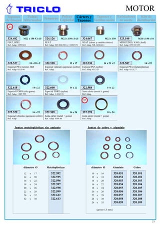 Tapones
de bloque
Enfriadores
de aceite
Kits de
distribución
Poleas
Alternador
Tensores Tapones y
Varillas aceite
Poleas
Cigüeñal
Cárters y
Tapones
23
MOTOR
SEAT (cárter y cambio cónico)
Ref. Adap. NR-14324411
324.067 M22 x 150
SEAT
Ref. Adap. 021 004 250 A / 10305171
324.126 M22 x 150 x 14,5
Especial vehículos japoneses (cobre)
Ref. Adap.
322.528 12 x 17
Especial PSA (cobre)
Ref. Adap. 0313.33
322.530 14 x 21 x 2
Especial PSA (metaloplástica)
Ref. Adap. 0313.27
322.587 14 x 22
Especial PSA motores HDI
Ref. Adap. 0313.40
322.527 10 x 20 x 2
Junta cárter (metal + goma)
Ref. Adap.
322.588 14 x 22
Junta cárter (metal + goma)
Ref. Adap. 0164.88
322.589 16 x 24
Especial FORD (sólo goma)
Ref. Adap. 1 005 593
322.615 14 x 22
Especial FORD (nylon)
Ref. Adap. 1 454 118
322.600 14 x 22
Especial vehículos japoneses (cobre)
Ref. Adap.
322.529 16 x 22
	 12	 x	 17	 322.592
	 14	 x	 20	 322.595
	 16	 x	 22	 322.596
	 18	 x	 24	 322.597
	 20	 x	 26	 322.598
	 22	 x	 28	 322.599
	 26	 x	 32	 322.612
	 32	 x	 38	 322.613
	 10	 x	 16	 320.051	 320.101
	 12	 x	 18	 320.052	 320.102
	 14	 x	 20	 320.053	 320.103
	 16	 x	 22	 320.054	 320.104
	 18	 x	 24	 320.055	 320.105
	 20	 x	 26	 320.056	 320.106
	 22	 x	 28	 320.057	 320.107
	 24	 x	 30	 320.058	 320.108
	 26	 x	 35	 320.059	 320.109
		
		 (grosor 1,5 mm.)
	 diámetro Ø	 Aluminio	 Cobre	 diámetro Ø	 Metaloplásticas
Juntas metaloplásticas sin amianto Juntas de cobre y aluminio
Junta cárter (metal + goma)
Ref. Adap.
322.570
New
2013
18 x 24
MERCEDES, VAG (Audi)
Ref. Adap. 059 103 193
323.100 M26 x 150 x 16
FIAT, OPEL
Ref. Adap. 16993411
324.482 M22 x 150 X 14,5
New
2013
 