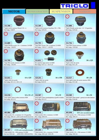 SUSPENSIONREFRIGERACIONMOTOR VARIOS
246
311.300
Tapón aceite motores Diesel (‘01→)
Ref.Adap. 1180.F9
401.084
Cárter aceite (‘01→) motores 1.8 / 2.0 gasolina
Ref.Adap. 0301.J5 (EW7A/EW7J4/EW10A/D/J4)
401.087
Cárter aceite (‘01→’04) motores 2.0 HDI
Ref.Ad. 0301.K2 (DW10TD / DW10ATED)
CON aire acondicionado
321.011
Tapón cárter de aceite
Ref.Adap. 0311.21 / 0311.18
14 x 125
322.530
Junta tapón cárter (cobre) motores HDI
Ref.Adap. 0313.33
14 x 21 x 2 322.587
Junta tapón cárter (metaloplástica) (perfil ovalado)
Ref.Adap. 0313.27
14 x 22 322.589
Junta tapón cárter (metal + goma) (con retén interior)
Ref.Adap. 0164.88
16 x 24
311.309
Tapón aceite motores Gasolina (‘01→’08)
Ref.Adap. 0258.56
321.329
Tapón cárter de aceite
Ref.Adap. 0311.29
10 x 125
322.527
Junta tapón cárter de aceite motores HDI
Ref.Adap. 0313.40
10 x 20
CITROËN C5
401.098
Cárter aceite (‘01→’04) motores 2.0 HDI
Ref. Adap. 0301.J7
New
2011
SIN aire acondicionado401.090
Cárter aceite (‘04→) motores 1.6 HDI
Ref. Adap. 0301.N1
New
2011
401.382
Cárter aceite (‘01→’08) motores 2.2 HDI
Ref. Adap. 0301.J6
New
2012
401.684
Cárter aceite (‘04→) motores 2.0 HDI
Ref. Adap. 0301.Q3 / 0301.P0
New
2012
311.793
Tapa filtro aceite (‘04→) motores 2.0 HDI
Ref.Adap. 1103.L7 / 1103.P8
New
2013
311.794
Tapa filtro aceite motores 1.6 HDI
Ref.Adap. 1103.K4
New
2013
311.031
Kit soportes tapa motor 2.0 HDI
Ref.Adap. 0137.11 + 0137.23
New
2013
325.251
Tapón cárter de aceite
Ref.Adap. 0163.93
16 x 150
311.795
Tapa filtro aceite motores 2.2 HDI
Ref.Adap. 1103.P6
New
2013
311.888
Tapón llenado aceite mot. 1.8 / 2.0 gasolina
Ref.Adap. 0258.66
New
2013
311.889
Tapón llenado aceite (‘01→) motores 2.0 HDI
Ref.Adap. 1180.P2
New
2013
 