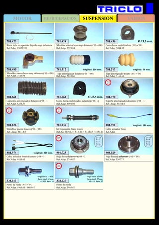 SUSPENSIONMOTOR REFRIGERACION VARIOS
252
CITROËN C5
338.013
Perno de rueda (‘01→’04)
Ref.Adap. 5405.65 / 9605.87
largo rosca: 17 mm.
largo total: 63 mm.
12 / 125 llave: 19
908.029
Buje de rueda delantero (‘01→’08)
Ref.Adap. 3307.75
a = 129
b = 66
c = 65
d = 25
e = 42
338.027
Perno de rueda
Ref.Adap. 5405.67
largo rosca: 17 mm.
largo total: 57 mm.
12 / 125 llave: 17
New
2013
881.952
Cable avisador freno
Ref.Adap.
longitud: 180 mm.
881.974
Cable avisador freno delantero (‘08→)
Ref.Adap. 4433.03
longitud: 310 mm.
781.826
Silentbloc puente trasero (‘01→’08)
Ref. Adap. 5131.C7
New
2013
901.723
Buje de rueda trasero (‘08→)
Ref.Adap. 3748.87
a = 128
b = --
c = --
d = --
e = 32
New
2013
781.836
Kit reparación brazo trasero
Ref.Ad. 5179.12 + 5132.68 + 5132.67 + 5154.14
New
2013
781.495
Silentbloc trasero brazo susp. delantero (‘01→’08)
Ref.Adap. 3523.95
781.512
Tope amortiguador delantero (‘01→’08)
Ref.Adap. 5033.66
longitud: 116 mm.
781.423
Rácor tubo recuperador líquido susp. delantera
Ref.Adap. 95050399
781.424
Silentbloc anterior brazo susp. delantero (‘01→’08)
Ref.Adap. 3523.84
781.436
Goma barra estabilizadora (’01→’08)
Ref.Adap. 5094.83
Ø 23,5 mm.
781.513
Tope amortiguador trasero (‘01→’04)
Ref.Adap. 5166.66
longitud: 64 mm.
781.661
Capuchón amortiguador delantero (‘08→)
Ref.Adap. 5254.37
781.662
Goma barra estabilizadora delantera (’08→)
Ref.Adap. 5094.98
Ø 23,5 mm. 781.770
Soporte amortiguador delantero (’08→)
Ref. Adap. 5038.E6
New
2013
 