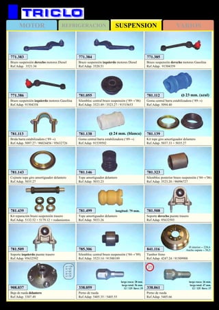 SUSPENSIONMOTOR REFRIGERACION VARIOS
263
CITROËN C-15
908.037
Buje de rueda delantero
Ref.Adap. 3307.49
a = 129
b = 67
c = 65
d = 21
e = 35
841.116
Tambor freno
Ref.Adap. 4247.24 / 91509908
Ø interior = 228,6
Ancho zapata = 50,5
781.439
Kit reparación brazo suspensión trasero
Ref.Adap. 5132.52 + 5179.12 + rodamientos
781.499
Tope amortiguador delantero
Ref.Adap. 5033.26
longitud: 79 mm. 781.508
Soporte derecho puente trasero
Ref.Adap. 95632593
781.509
Soporte izquierdo puente trasero
Ref.Adap. 95632592
781.146
Tope amortiguador delantero
Ref.Adap. 5033.23
781.143
Cojinete tope giro amortiguador delantero
Ref.Adap. 5035.27
781.139
Kit tope giro amortiguador delantero
Ref.Adap. 5037.33 + 5035.27
781.323
Silentbloc posterior brazo suspensión (‘84→’06)
Ref.Adap. 3523.20 / 96096727
785.306
Silentbloc central brazo suspensión (‘84→’89)
Ref.Adap. 3523.14 / 91500189
781.055
Silentbloc central brazo suspensión (‘89→’06)
Ref.Adap. 3523.49 / 3523.27 / 91515653
781.112
Goma central barra estabilizadora (‘89→)
Ref.Adap. 5094.40
Ø 23 mm. (azul)
781.138
Goma central barra estabilizadora (‘89→)
Ref.Adap. 91539592
Ø 24 mm. (blanca)781.113
Brida barra estabilizadora (‘89→)
Ref.Adap. 5097.27 / 96024456 / 95632726
771.383
Brazo suspensión derecho motores Diesel
Ref.Adap. 3521.34
771.384
Brazo suspensión izquierdo motores Diesel
Ref.Adap. 3520.51
771.385
Brazo suspensión derecho motores Gasolina
Ref.Adap. 91504359
771.386
Brazo suspensión izquierdo motores Gasolina
Ref.Adap. 91504358
338.061
Perno de rueda
Ref.Adap. 5405.66
largo rosca: 26 mm.
largo total: 47 mm.
12 / 125 llave: 17
New
2012
338.059
Perno de rueda
Ref.Adap. 5405.35 / 5405.55
largo rosca: 28 mm.
largo total: 56 mm.
12 / 125 llave: 19
 