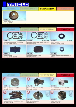 SUSPENSIONMOTOR REFRIGERACION VARIOS
SUSPENSIONMOTOR REFRIGERACION VARIOS
SUSPENSIONMOTOR REFRIGERACION VARIOS
267
CITROËN C-25 / C-35
842.047
Tambor freno C-25
Ref.Adap. 4247.22
Ø interior = 254
Ancho zapata = 64,5
594.581
Cubrepedal embrague y freno
Ref.Adap. 4504.10
721.149
Casquillo cremallera dirección manual C25
Ref.Adap.
353.003
Soporte de escape
Ref.Adap. 1755.60 / 1755.38
Ø 30-58
353.042
Soporte de escape
Ref.Adap. 1754.47 / 4312280
352.873
Kit montaje colector escape C-25 1800kg
Ref.Adap. 1798.80 / 1798.75
Ø 80 x 66 mm. 352.881
Kit montaje colector escape motores 1.9D / 2.5TD
Ref.Adap. 1798.76
Ø 46,2 mm.
CITROËN C-Crosser
901.431
Buje de rueda delantero
Ref.Adap. 3307.91
a = 139
b = 69
c = 69
d = --
e = 43
New
2011
901.432
Buje de rueda trasero
Ref.Adap. 3730.36
a = 140
b = 80
c = 67
d = --
e = --
New
2011
461.747
Caja termostato (‘07→) motores 2.2 HDI
Ref. Adap. 1336.Z4
New
2013
83ºC
431.903
Sensor cigueñal motores 2.2 HDI
Ref. Adap. 1920.EH
New
2013
421.714
Piñón cigueñal motores 2.2 HDI
Ref.Adap. 0513.A9
New
2013
431.905
Sensor árbol de levas motores 2.2 HDI
Ref. Adap. 1920.QN
New
2013
 