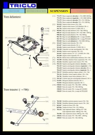 SUSPENSIONMOTOR REFRIGERACION VARIOS
271
CITROËN Jumper
Tren delantero:
Tren trasero: ( →’06):
[ 1 ] - 	 781.502	 Silentbloc posterior puente trasero (‘94→’06)
[ 2 ] - 	 781.501	 Silentbloc delantero puente trasero (‘94→’06)
[ 3 ] - 	 842.047	 Tambor de freno (‘94→’06)
	 842.046	 Tambor de freno (‘94→’01) 1800 kg
[ 4 ] - 	781.422	 Tope suspensión trasera 1400 kg (‘02→’06)
		 Tope suspensión trasera 1800 kg (‘94→’06)
	 781.506	 Tope suspensión trasera 1400 kg (‘94→’02)
[ 5 ] - 	 338.022	 Perno de rueda (‘94→’06) 1000 - 1400 Kg
	 338.023	 Perno de rueda (‘94→’06) 1800 Kg	
[ 1 ] - 	 771.373	 Brazo suspensión derecho (→’01) 1000/1400 Kg
	 771.374	 Brazo suspensión izquierdo (→’01) 1000/1400 Kg
	 771.375	 Brazo suspensión derecho (‘94→’01) 1800 Kg
	 771.376	 Brazo suspensión derecho (‘94→’01) 1800 Kg
[ 2 ] -	 361.624	 Soporte motor trasero (‘94→’06)
	 361.697	 Soporte motor trasero 3.0 D Multijet (‘06→)
	 361.726	 Soporte motor trasero 2.2 HDI (‘06→)
[ 3 ] - 	 902.041	 Buje de rueda delantero (‘02→’06) 1800 kg
	 908.147	 Buje de rueda delantero (‘94→’02) 1000 / 1400 kg
	 908.148	 Buje de rueda delantero (‘94→’02) 1800 kg
	 901.736	 Buje de rueda delantero (‘06→) carga LIGERO
	 901.739	 Buje de rueda delantero (‘06→) carga PESADO
	 902.040	 Buje de rueda delantero (→’06) 1000/1400 kg
[ 4 ] - 	 361.625	 Soporte motor derecho (‘94→’01)
	 361.667	 Soporte motor derecho (‘01→)
	 361.696	 Soporte motor derecho 2.2 HDI (‘06→)
[ 5 ] -	 781.420	 Capuchón con tope amortiguador (‘94→’06)
[ 6 ] - 	 361.626	 Soporte motor izquierdo (‘94→’01)
	 361.647	 Soporte motores 2.0 / 2.2 / 2.8 HDI (‘94→’06)
	 361.648	 Soporte motor izquierdo (‘01→)
[ 7 ] - 	 781.321	 Bieleta barra estabilizadora delantera (‘94→’06)
[ 8 ] - 	 781.500	 Silentbloc delantero brazo suspensión (‘94→’01)
[ 9 ] - 	 361.646	 Silentbloc soporte motor trasero (‘94→’06)	
[ 10 ] - 	781.324	 Soporte amortiguador delantero derecho (→’01)
	 781.325	 Soporte amortiguador delantero izquierdo (→’01)
	 781.418	 Soporte amortiguador delantero derecho (‘06→)
	 781.419	 Soporte amortiguador delntero izquierdo (‘06→)
[ 11 ] - 	781.137	 Silentbloc posterior trapecio delant. (‘94→’06)
	 781.136	 Silentbloc central trapecio delant. (‘94→’06)
	 781.781	 Silentbloc trasero brazo delantero (‘06→)
[ 12 ] - 	781.145	 Cojinete tope giro amortiguador delantero (‘94→)
[ 13 ] - 761.852		 Mangueta delantera derecha (‘06→)
	 761.853	 Mangueta delantera izquierda (‘06→)
[ 14 ] - 338.022		 Perno de rueda (‘94→’06) 1000 - 1400 Kg
	 338.023	 Perno de rueda (‘94→’06) 1800 Kg
	 338.024	 Perno de rueda (‘06→) carga util LIGERO
	 338.025	 Perno de rueda (‘06→) carga util PESADO
 