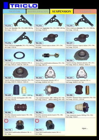 SUSPENSIONMOTOR REFRIGERACION VARIOS
273
781.324
Soporte amortig. delantero derecho (‘94→’01)
Ref.Adap. 5038.74 / 5038.42 / 5038.19
781.325
Soporte amortig. delantero izquierdo (‘94→’01)
Ref.Adap. 5038.72 / 5038.41 / 5038.18
781.145
Cojinete tope giro amortig. delantero (‘94→)
Ref.Adap. 5035.47 / 5035.30 / 5035.39
781.137
Silentbloc posterior trapecio delant. (‘94→’06)
Ref.Adap. 3523.94
781.321
Bieleta barra estabilizadora delantera (‘94→’06)
Ref.Adap. 5087.37
771.373
Brazo susp. derecho (‘94→’01) 1000/1400 Kg
Ref.Adap. 3521.65
771.374
Brazo susp. izquierdo (‘94→’01) 1000/1400 Kg
Ref.Adap. 3520.95
771.375
Brazo suspensión derecho (‘94→’01) 1800 Kg
Ref.Adap. 3521.66
771.376
Brazo suspensión izquierdo (‘94→’01) 1800 Kg
Ref.Adap. 3520.96
781.422
Tope suspensión trasera 1400 / 1800 kg (‘02→’06)
Ref.Adap. 5166.51 SÓLO 1800 kg (‘94→’02)
781.500
Silentbloc delantero brazo suspensión (‘94→’02)
Ref.Adap. 3523.93 + 3525.05
781.420
Capuchón con tope amortiguador (‘94→’06)
Ref.Adap. 5033.41
1000 / 1400 kg.
781.418
Soporte amortiguador derecho (‘02→)
Ref.Adap. 5038.F4 / E2 / A3
781.419
Soporte amortiguador izquierdo (‘02→)
Ref.Adap. 5038.F3 / E3 / A4
CITROËN Jumper
781.136
Silentbloc central trapecio delant. (‘94→’06)
Ref.Adap.
781.501
Silentbloc delantero puente trasero (‘94→’06)
Ref.Adap. 5131.73
781.502
Silentbloc posterior puente trasero (‘94→’06)
Ref.Adap. 5131.72
781.506
Tope suspensión trasera 1400 kg (‘94→’02)
Ref.Adap. 5166.61
781.779
Goma barra estabilizadora trasera (‘06→)
Ref. Adap.
New
2013
781.778
Goma barra estabilizadora delantera (‘06→)
Ref. Adap.
New
2013
sigue....
 
