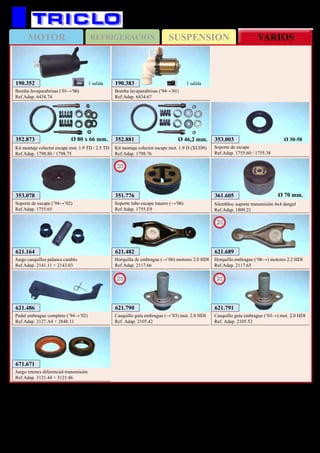 SUSPENSIONMOTOR REFRIGERACION VARIOS
275
CITROËN Jumper
621.164
Juego casquillos palanca cambio
Ref.Adap. 2141.11 + 2143.03
353.003
Soporte de escape
Ref.Adap. 1755.60 / 1755.38
Ø 30-58
353.078
Soporte de escape (’94→’02)
Ref.Adap. 1755.65
352.873
Kit montaje colector escape mot. 1.9 TD / 2.5 TD
Ref.Adap. 1798.80 / 1798.75
Ø 80 x 66 mm. 352.881
Kit montaje colector escape mot. 1.9 D (XUD9)
Ref.Adap. 1798.76
Ø 46,2 mm.
361.605
Silentbloc soporte transmisión 4x4 dangel
Ref.Adap. 1809.21
Ø 70 mm.
621.482
Horquilla de embrague (→’06) motores 2.0 HDI
Ref.Adap. 2117.66
621.486
Pedal embrague completo (’94→’02)
Ref.Adap. 2127.A4 + 2848.31
671.671
Juego retenes diferencial-transmisión
Ref.Adap. 3121.44 + 3121.46
621.689
Horquilla embrague (‘06→) motores 2.2 HDI
Ref.Adap. 2117.65
New
2012
190.352
Bomba lavaparabrisas (‘01→’06)
Ref.Adap. 6434.74
1 salida 190.383
Bomba lavaparabrisas (‘94→’01)
Ref.Adap. 6434.67
1 salida
351.776
Soporte tubo escape trasero (→’06)
Ref.Adap. 1755.E9
New
2013
621.790
Casquillo guía embrague (→’03) mot. 2.0 HDI
Ref. Adap. 2105.42
New
2013
621.791
Casquillo guía embrague (‘03→) mot. 2.0 HDI
Ref. Adap. 2105.52
New
2013
 