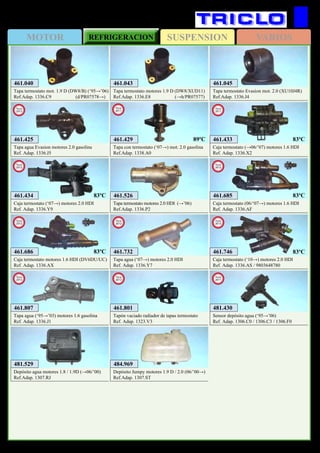 SUSPENSIONMOTOR REFRIGERACION VARIOS
280
CITROËN Jumpy / Evasion
461.040
Tapa termostato mot. 1.9 D (DW8/B) (‘95→’06)
Ref.Adap. 1336.C9 (d/PR07578→)
461.043
Tapa termostato motores 1.9 D (DW8/XUD11)
Ref.Adap. 1336.E8 (→h/PR07577)
461.045
Tapa termostato Evasion mot. 2.0 (XU10J4R)
Ref.Adap. 1336.J4
484.969
Depósito Jumpy motores 1.9 D / 2.0 (06/’00→)
Ref.Adap. 1307.ST
461.526
Tapa termostato motores 2.0 HDI (→’06)
Ref.Adap. 1336.P2
481.529
Depósito agua motores 1.8 / 1.9D (→06/’00)
Ref.Adap. 1307.RJ
461.429
Tapa con termostato (‘07→) mot. 2.0 gasolina
Ref.Adap. 1338.A0
New
2011
461.433
Caja termostato (→06/’07) motores 1.6 HDI
Ref. Adap. 1336.X2
New
2011
461.685
Caja termostato (06/‘07→) motores 1.6 HDI
Ref. Adap. 1336.AF
New
2012
461.686
Caja termostato motores 1.6 HDI (DV6DU/UC)
Ref. Adap. 1336.AX
New
2012
461.434
Caja termostato (‘07→) motores 2.0 HDI
Ref. Adap. 1336.Y9
New
2012
461.732
Tapa agua (‘07→) motores 2.0 HDI
Ref. Adap. 1336.Y7
New
2012
89ºC 83ºC
83ºC 83ºC
83ºC
481.430
Sensor depósito agua (‘95→’06)
Ref. Adap. 1306.C0 / 1306.C3 / 1306.F0
New
2011
461.425
Tapa agua Evasion motores 2.0 gasolina
Ref. Adap. 1336.J5
New
2013
461.746
Caja termostato (‘10→) motores 2.0 HDI
Ref. Adap. 1336.AS / 9803648780
New
2013
83ºC
461.801
Tapón vaciado radiador de tapas termostato
Ref. Adap. 1323.V3
New
2013
461.807
Tapa agua (‘95→’03) motores 1.6 gasolina
Ref. Adap. 1336.J1
New
2013
 