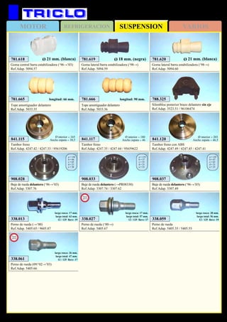 SUSPENSIONMOTOR REFRIGERACION VARIOS
293
CITROËN Saxo
781.619
Goma lateral barra estabilizadora (‘98→)
Ref.Adap. 5094.59
Ø 18 mm. (negra) 781.620
Goma lateral barra estabilizadora (‘98→)
Ref.Adap. 5094.60
Ø 21 mm. (blanca)781.618
Goma central barra estabilizadora (‘96→’03)
Ref.Adap. 5094.57
Ø 21 mm. (blanca)
781.665
Tope amortiguador delantero
Ref.Adap. 5033.35
longitud: 66 mm. 781.666
Tope amortiguador delantero
Ref.Adap. 5033.36
longitud: 90 mm. 788.325
Silentbloc posterior brazo delantero sin eje
Ref.Adap. 3523.51 / 96106474
841.115
Tambor freno
Ref.Adap. 4247.42 / 4247.33 / 95619206
Ø interior = 165
Ancho zapata = 38,5 841.117
Tambor freno
Ref.Adap. 4247.35 / 4247.44 / 95659622
Ø interior = 180
Ancho zapata = 46 841.120
Tambor freno con ABS
Ref.Adap. 4247.49 / 4247.45 / 4247.41
Ø interior = 203
Ancho zapata = 46,5
908.028
Buje de rueda delantero (‘96→’03)
Ref.Adap. 3307.76
a = 130
b = 66
c = 65
d = 21
e = 38
908.033
Buje de rueda delantero (→PR08330)
Ref.Adap. 3307.74 / 3307.62
a = 119
b = 57
c = 55
d = 21
e = 35
908.037
Buje de rueda delantero (‘96→’03)
Ref.Adap. 3307.49
a = 129
b = 67
c = 65
d = 21
e = 35
338.061
Perno de rueda (09/‘02→’03)
Ref.Adap. 5405.66
largo rosca: 26 mm.
largo total: 47 mm.
12 / 125 llave: 17
New
2012
338.059
Perno de rueda
Ref.Adap. 5405.35 / 5405.55
largo rosca: 28 mm.
largo total: 56 mm.
12 / 125 llave: 19338.013
Perno de rueda (→’00)
Ref.Adap. 5405.65 / 9605.87
largo rosca: 17 mm.
largo total: 63 mm.
12 / 125 llave: 19 338.027
Perno de rueda (‘00→)
Ref.Adap. 5405.67
largo rosca: 17 mm.
largo total: 57 mm.
12 / 125 llave: 17
New
2013
 