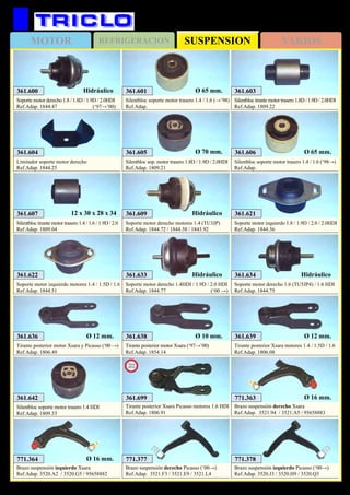 SUSPENSIONMOTOR REFRIGERACION VARIOS
315
361.600
Soporte motor derecho 1.8 / 1.8D / 1.9D / 2.0HDI
Ref.Adap. 1844.47 (‘97→’00)
Hidráulico 361.601
Silentbloc soporte motor trasero 1.4 / 1.6 (→’98)
Ref.Adap.
Ø 65 mm. 361.603
Silentbloc tirante motor trasero 1.8D / 1.9D / 2.0HDI
Ref.Adap. 1809.22
361.604
Limitador soporte motor derecho
Ref.Adap. 1844.25
361.605
Silentbloc sop. motor trasero 1.8D / 1.9D / 2.0HDI
Ref.Adap. 1809.21
Ø 70 mm. 361.606
Silentbloc soporte motor trasero 1.4 / 1.6 (‘98→)
Ref.Adap.
Ø 65 mm.
361.607
Silentbloc tirante motor trasero 1.4 / 1.6 / 1.9D / 2.0
Ref.Adap. 1809.04
12 x 30 x 28 x 34 361.609
Soporte motor derecho motores 1.4 (TU3JP)
Ref.Adap. 1844.72 / 1844.38 / 1843.92
Hidráulico 361.621
Soporte motor izquierdo 1.8 / 1.9D / 2.0 / 2.0HDI
Ref.Adap. 1844.36
361.622
Soporte motor izquierdo motores 1.4 / 1.5D / 1.6
Ref.Adap. 1844.51
361.633
Soporte motor derecho 1.4HDI / 1.9D / 2.0 HDI
Ref.Adap. 1844.77 (‘00 →)
Hidráulico 361.634
Soporte motor derecho 1.6 (TU5JP4) / 1.6 HDI
Ref.Adap. 1844.75
Hidráulico
361.638
Tirante posterior motor Xsara (‘97→’00)
Ref.Adap. 1854.14
Ø 10 mm.361.636
Tirante posterior motor Xsara y Picasso (‘00 →)
Ref.Adap. 1806.49
Ø 12 mm. 361.639
Tirante posterior Xsara motores 1.4 / 1.5D / 1.6
Ref.Adap. 1806.08
Ø 12 mm.
361.642
Silentbloc soporte motor trasero 1.4 HDI
Ref.Adap. 1809.33
771.377
Brazo suspensión derecho Picasso (‘00→)
Ref.Adap. 3521.F3 / 3521.E9 / 3521.L4
771.378
Brazo suspensión izquierdo Picasso (‘00→)
Ref.Adap. 3520.J3 / 3520.H9 / 3520.Q3
771.364
Brazo suspensión izquierdo Xsara
Ref.Adap. 3520.A2 / 3520.G5 / 95658882
Ø 16 mm.
771.363
Brazo suspensión derecho Xsara
Ref.Adap. 3521.94 / 3521.A5 / 95658883
Ø 16 mm.
CITROËN Xsara y Picasso
361.699
Tirante posterior Xsara Picasso motores 1.6 HDI
Ref.Adap. 1806.91
New
2012
 