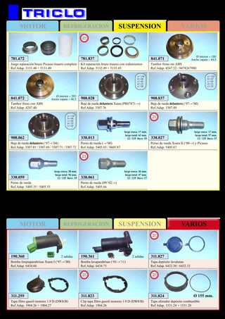 SUSPENSIONMOTOR REFRIGERACION VARIOS
SUSPENSIONMOTOR REFRIGERACION VARIOS
317
908.037
Buje de rueda delantero (‘97→’00)
Ref.Adap. 3307.49
a = 129
b = 67
c = 65
d = 21
e = 35
908.062
Buje de rueda delantero (‘97→’04)
Ref.Adap. 3307.85 / 3307.69 / 3307.71 / 3307.72
a = 129
b = 66
c = 65
d = 25
e = 42
908.028
Buje de rueda delantero Xsara (PR07871→)
Ref.Adap. 3307.76
a = 130
b = 66
c = 65
d = 21
e = 38
841.072
Tambor freno con ABS
Ref.Adap. 4247.40
Ø interior = 203
Ancho zapata = 46,5
311.259
Tapa filtro gasoil motores 1.9 D (DW8/B)
Ref.Adap. 1904.26 + 1904.27
841.071
Tambor freno sin ABS
Ref.Adap. 4247.32 / 9478267980
Ø interior = 180
Ancho zapata = 44,5
CITROËN Xsara y Picasso
338.061
Perno de rueda (09/‘02→)
Ref.Adap. 5405.66
largo rosca: 26 mm.
largo total: 47 mm.
12 / 125 llave: 17
New
2012
338.059
Perno de rueda
Ref.Adap. 5405.35 / 5405.55
largo rosca: 28 mm.
largo total: 56 mm.
12 / 125 llave: 19
338.013
Perno de rueda (→’00)
Ref.Adap. 5405.65 / 9605.87
largo rosca: 17 mm.
largo total: 63 mm.
12 / 125 llave: 19
190.361
Bomba lavaparabrisas (‘01→’11)
Ref.Adap. 6434.75
2 salidas190.360
Bomba limpiaparabrisas Xsara I (‘97→’00)
Ref.Adap. 6434.60
2 salidas
311.823
Clip tapa filtro gasoil motores 1.9 D (DW8/B)
Ref.Adap. 1904.26
New
2013
338.027
Perno de rueda Xsara II (‘00→) y Picasso
Ref.Adap. 5405.67
largo rosca: 17 mm.
largo total: 57 mm.
12 / 125 llave: 17
New
2013
311.824
Tapa aforador depósito combustible
Ref.Adap. 1531.24 + 1531.20
New
2013
Ø 155 mm.
311.827
Tapa depósito lavalunas
Ref.Adap. 6432.30 / 6432.32
New
2013
781.837
Kit reparación brazo trasero con rodamientos
Ref.Adap. 5132.49 + 5135.45
New
2013
781.672
Juego reparación brazo Picasso trasero completo
Ref.Adap. 5131.48 + 5131.49
 