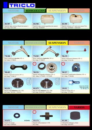 SUSPENSIONMOTOR REFRIGERACION VARIOS
SUSPENSIONMOTOR REFRIGERACION VARIOS
SUSPENSIONMOTOR REFRIGERACION VARIOS
345
484.988
Depósito agua motores gasolina (sin sensor)
Ref.Adap. 82404497
484.989
Depósito motores ie 2ª serie (con sensor NA)
Ref.Adap. 82398669 + 82461669
484.987
Depósito agua motores Diesel (sin sensor )
Ref.Adap. 82411495
FIAT Croma
902.054
Buje de rueda delantero (‘85→’92)
Ref.Adap. 7667265 / 7595521
a = 116
b = 59
c = 58
d = 25
e = 37
593.385
Cubrepedal embrague y freno
Ref.Adap. 82425876
353.071
Soporte de escape
Ref.Adap. 82409205
Ø 28-56
788.478
Bieleta suspensión delantera (‘05→)
Ref.Adap. 51741130
788.483
Bieleta suspensión trasera (‘05→)
Ref.Adap. 71740112
902.079
Buje de rueda delantero (‘92→’96)
Ref.Adap. 82463292 / 60809668
a = 116
b = 59
c = 58
d = 27
e = 42
778.588
Brazo suspensión derecho (‘05→)
Ref.Adap. 51748652
778.589
Brazo suspensión izquierdo (‘05→)
Ref.Adap. 51748653
338.011
Perno de rueda (‘05→)
Ref.Adap. 51732885
largo rosca: 22 mm.
largo total: 48 mm.
12 / 150 llave: 17
353.174
Soporte turbocompresor 1.9 D
Ref.Adap.
New
2013
788.926
Soporte amortiguador delantero (‘05→)
Ref. Adap. 51755688 + 51755689
New
2013
788.927
Goma barra estabilizadora delantera (‘05→)
Ref. Adap. 71746346
New
2013
 