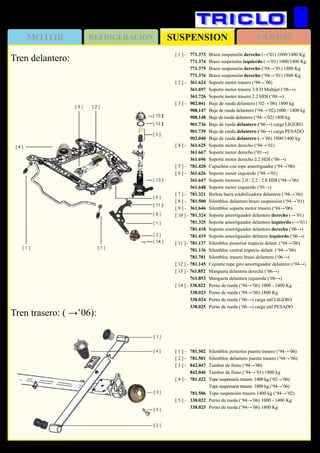 SUSPENSIONMOTOR REFRIGERACION VARIOS
356
FIAT Ducato
Tren delantero:
[ 1 ] - 	 771.373	 Brazo suspensión derecho (→’01) 1000/1400 Kg
	 771.374	 Brazo suspensión izquierdo (→’01) 1000/1400 Kg
	 771.375	 Brazo suspensión derecho (‘94→’01) 1800 Kg
	 771.376	 Brazo suspensión derecho (‘94→’01) 1800 Kg
[ 2 ] -	 361.624	 Soporte motor trasero (‘94→’06)
	 361.697	 Soporte motor trasero 3.0 D Multijet (‘06→)
	 361.726	 Soporte motor trasero 2.2 HDI (‘06→)
[ 3 ] - 	 902.041	 Buje de rueda delantero (‘02→’06) 1800 kg
	 908.147	 Buje de rueda delantero (‘94→’02) 1000 / 1400 kg
	 908.148	 Buje de rueda delantero (‘94→’02) 1800 kg
	 901.736	 Buje de rueda delantero (‘06→) carga LIGERO
	 901.739	 Buje de rueda delantero (‘06→) carga PESADO
	 902.040	 Buje de rueda delantero (→’06) 1000/1400 kg
[ 4 ] - 	 361.625	 Soporte motor derecho (‘94→’01)
	 361.667	 Soporte motor derecho (‘01→)
	 361.696	 Soporte motor derecho 2.2 HDI (‘06→)
[ 5 ] -	 781.420	 Capuchón con tope amortiguador (‘94→’06)
[ 6 ] - 	 361.626	 Soporte motor izquierdo (‘94→’01)
	 361.647	 Soporte motores 2.0 / 2.2 / 2.8 HDI (‘94→’06)
	 361.648	 Soporte motor izquierdo (‘01→)
[ 7 ] - 	 781.321	 Bieleta barra estabilizadora delantera (‘94→’06)
[ 8 ] - 	 781.500	 Silentbloc delantero brazo suspensión (‘94→’01)
[ 9 ] - 	 361.646	 Silentbloc soporte motor trasero (‘94→’06)	
[ 10 ] - 	781.324	 Soporte amortiguador delantero derecho (→’01)
	 781.325	 Soporte amortiguador delantero izquierdo (→’01)
	 781.418	 Soporte amortiguador delantero derecho (‘06→)
	 781.419	 Soporte amortiguador delntero izquierdo (‘06→)
[ 11 ] - 	781.137	 Silentbloc posterior trapecio delant. (‘94→’06)
	 781.136	 Silentbloc central trapecio delant. (‘94→’06)
	 781.781	 Silentbloc trasero brazo delantero (‘06→)
[ 12 ] - 	781.145	 Cojinete tope giro amortiguador delantero (‘94→)
[ 13 ] - 761.852		 Mangueta delantera derecha (‘06→)
	 761.853	 Mangueta delantera izquierda (‘06→)
[ 14 ] - 338.022		 Perno de rueda (‘94→’06) 1000 - 1400 Kg
	 338.023	 Perno de rueda (‘94→’06) 1800 Kg
	 338.024	 Perno de rueda (‘06→) carga util LIGERO
	 338.025	 Perno de rueda (‘06→) carga util PESADO
Tren trasero: ( →’06):
[ 1 ] - 	 781.502	 Silentbloc posterior puente trasero (‘94→’06)
[ 2 ] - 	 781.501	 Silentbloc delantero puente trasero (‘94→’06)
[ 3 ] - 	 842.047	 Tambor de freno (‘94→’06)
	 842.046	 Tambor de freno (‘94→’01) 1800 kg
[ 4 ] - 	781.422	 Tope suspensión trasera 1400 kg (‘02→’06)
		 Tope suspensión trasera 1800 kg (‘94→’06)
	 781.506	 Tope suspensión trasera 1400 kg (‘94→’02)
[ 5 ] - 	 338.022	 Perno de rueda (‘94→’06) 1000 - 1400 Kg
	 338.023	 Perno de rueda (‘94→’06) 1800 Kg
 