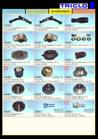 SUSPENSIONMOTOR REFRIGERACION VARIOS
380
FIAT Punto (‘93→’09)
783.386
Guardapolvo amortiguador delantero (‘93→’99)
Ref.Adap. 7762158
784.193
Silentbloc posterior izquierdo brazo delantero
Ref.Adap. 7775343
784.192
Silentbloc posterior derecho brazo delantero
Ref.Adap. 7775344
774.250
Brazo suspensión izquierdo (‘99→’05)
Ref.Adap. 46545660
784.203
Soporte amortiguador delantero (‘93→’99)
Ref.Adap. 7775940
784.204
Soporte amortiguador delantero (‘99→)
Ref.Adap. 46746544
784.421
Silentbloc anterior trapecio delantero (‘93→’99)
Ref.Adap. 5927292
902.073
Buje de rueda trasero (‘93→)
Ref.Adap. 51754192 / 60812195 / 46453887
a = 117
b = 59
c = 58
d = --
e = 30
902.078
Buje de rueda trasero ABS (‘93→’99)
Ref.Adap. 7769902 / 60812057
a = 116
b = 59
c = 58
d = --
e = 30
904.671
Buje de rueda delantero (‘94→)
Ref.Adap. 7608131
a = 117
b = 59
c = 58
d = 22
e = 35
842.048
Tambor freno
Ref.Adap. 7599325 / 7750119 / 46819776
Ø interior = 180
Ancho zapata = 40
784.202
Kit reparación brazo suspensión trasero (→’99)
Ref.Adap.
902.019
Buje de rueda trasero (‘99→)
Ref.Adap. 51754193 / 46519901 / 46512973
a = 118
b = 59
c = --
d = --
e = 30
New
2012
902.054
Buje de rueda delantero (‘93→)
Ref.Adap. 7667265 / 7595521
a = 116
b = 59
c = 58
d = 25
e = 37
334.536
Perno de rueda (‘93→’99)
Ref.Adap. 13228225 / 60811414
largo rosca: 27 mm.
largo total: 42 mm.
12 / 125 llave: 19 334.535
Perno de rueda (‘99→’09)
Ref.Adap. 13230425 / 13230435
largo rosca: 22 mm.
largo total: 48,5 mm.
12 / 125 llave: 17
New
2012
784.500
Silentbloc puente trasero (‘99→)
Ref. Adap. 46761279 / 46741920
New
2013
774.249
Brazo suspensión derecho (‘99→’05)
Ref.Adap. 46545661
 
