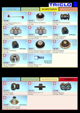 SUSPENSIONMOTOR REFRIGERACION VARIOS
SUSPENSIONMOTOR REFRIGERACION VARIOS
384
FIAT Punto EVO / Grande Punto
784.108
Bieleta suspensión delantera (‘05→)
Ref.Adap. 55700753
904.430
Buje de rueda delantero
Ref.Adap. 55703557
a = 120
b = 60
c = 56,5
d = 25
e = 37
New
2012
902.029
Buje de rueda trasero
Ref.Adap. 71747713
a = 120
b = 60
c = 56,5
d = --
e = 30
New
2012
338.011
Perno de rueda (‘05→’11)
Ref.Adap. 51732885
largo rosca: 22 mm.
largo total: 48 mm.
12 / 150 llave: 17
353.174
Soporte sensor de vacío 1.3 D
Ref.Adap.
New
2013
351.775
Soporte tubo escape
Ref.Adap. 55702861
New
2013
624.819
Casquillo guía embrague con retén
Ref. Adap. 46411117 + 40004820
New
2013
altura 54 mm
781.771
Silentbloc posterior brazo delantero
Ref. Adap.
New
2013
781.787
Silentbloc anterior brazo delantero
Ref. Adap.
New
2013
784.518
Soporte amortiguador trasero derecho
Ref. Adap. 55701901
New
2013
784.519
Soporte amortiguador trasero izquierdo
Ref. Adap. 55701902
New
2013
784.822
Goma barra estabilizadora
Ref. Adap.
New
2013
Ø 20 mm.
784.821
Goma barra estabilizadora
Ref. Adap. 55700769
New
2013
Ø 18 mm.
354.490
Soporte escape trasero
Ref.Adap. 55702862
New
2013
788.872
Soporte amortiguador delantero con rodamiento
Ref. Adap. 51813225 / 51780079 / 51831016
New
2013
 