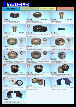 SUSPENSIONREFRIGERACIONMOTOR VARIOS
393
FIAT Stilo
424.041
Polea cigueñal (‘01→) motores 1.2 gasolina
Ref.Adap. 55181196
a = 4 canales
b = 30,5
c = 140 / 148
d = 23
424.138
Polea cigueñal (‘01→’09) motores 1.6 gasolina
Ref.Adap. 46400042
a = 5 canales
b = 28 / 43,5
c = 137 / 141 / 148
d = 30
424.042
Polea cigueñal (‘01→) motores 1.8
Ref.Adap. 55189083 / 60630428
a = 6 canales
b = 38 / 42
c = 140 / 148
d = 30,5 424.083
Polea cigueñal (‘01→) motores 1.9 D/JTD
Ref.Adap. 71747797 / 55185409 / 55196301
a = 6 canales
b = 29 / 35
c = 162 / 168
d = 30
424.087
Polea cigueñal (‘05→) motores 1.9 D Multijet
Ref.Adap. 55208280 (con kit tornillos)
a = 6 canales
b = 30 / 40
c = 164 / 169
d = 30,5
322.608
Tapón de bloque especial
Ref.Adap. 7579570 / 55182787
Ø 50 mm.
424.682
Tapa correa distribución motores 1.2 (80 cv)
Ref.Adap. 46782323 / 46782324
414.631
Goma varilla aceite
Ref.Adap. 4102056 / 4328493
324.161
Tapón cárter de aceite
Ref.Adap.
20 x 150
324.160
Tapón cárter de aceite
Ref.Adap. 46776967
18 x 150
424.689
Tapa correa distribución mot. 1.4 / 1.6 / 1.9 JTD
Ref.Adap. 73500818 + 46810267
428.647
Tensor correa alternador motores 1.8
Ref.Adap. 55556090
424.139
Tensor correa alternador motores 1.9 D/JTD
Ref.Adap. 71747798 / 55180011 / 46546374
404.245
Cárter aceite (‘01→) motores 1.2 gasolina (80 cv)
Ref. Adap. 46539820
New
2012
424.408
Tensor correa alternador motores 1.2 / 1.4
Ref.Adap. 55195023
New
2012
424.556
Piñon cigueñal motores 1.2 / 1.4
Ref.Adap. 46520164
New
2012
424.231
Polea alternador motores 1.9 JTD / D Multijet
Ref.Adap. 77364725 / 77363948
New
2013
Ø 58 mm. 424.232
Polea alternador motores 1.9 JTD
Ref.Adap. 9949129
New
2013
Ø 65,5 mm.
311.340
Tapón roscado llenado aceite (‘01→)
Ref.Adap. 7768521 / 46533929
 