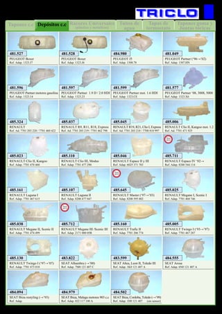 Tapas de
termostato
Tubos de
agua
Tapones c.c Tapones goma y
Juntas tóricas
Rácores Universales
(plástico y metalicos)
Depósitos c.c
40
REFRIGERACION
PEUGEOT Partner (‘96→’02)
Ref. Adap. 1307.HN
481.049
PEUGEOT Partner motores gasolina
Ref. Adap. 1323.14
481.596
PEUGEOT Partner 1.9 D / 2.0 HDI
Ref. Adap. 1323.23
481.597
PEUGEOT Partner mot. 1.6 HDI
Ref. Adap. 1323.CE
481.599
PEUGEOT Partner ‘08, 3008, 5008
Ref. Adap. 1323.X6
481.577
RENAULT
Ref. Ad. 7701 203 220 / 7701 460 422
485.324
RENAULT R9, R11, R18, Express
Ref. Ad. 7701 203 219 / 7701 462 798
485.037
RENAULT R19, R21, Clio I, Express
Ref. Ad. 7701 203 218 / 7700 810 997
485.045
RENAULT Clio II, Kangoo mot. 1.2
Ref. Ad. 7701 471 925
485.006
RENAULT Clio II, Kangoo
Ref. Adap. 7701 470 460
485.023
RENAULT Clio III, Modus
Ref. Adap. 7701 477 290
485.110
RENAULT Espace II y III
Ref. Adap. 6025 371 703
485.046
RENAULT Laguna I
Ref. Adap. 7701 467 615
485.161
RENAULT Laguna II
Ref. Adap. 8200 477 047
485.107
RENAULT Megane I, Scenic I
Ref. Adap. 7701 468 746
485.025
RENAULT Megane II, Scenic II
Ref. Adap. 7701 474 499
485.038
RENAULT Trafic II
Ref. Adap. 7701 206 774
485.160
RENAULT Twingo I (‘93→’97)
Ref. Adap. 7701 467 287
485.005
RENAULT Twingo I (‘97→’07)
Ref. Adap. 7701 473 018
485.130
SEAT Alhambra (→’00)
Ref. Adap. 7M0 121 407 C
483.822
SEAT Arosa
Ref. Adap. 6N0 121 407 A
484.555
SEAT Ibiza restyling (→’93)
Ref. Adap.
484.094
SEAT Ibiza, Malaga motores 903 c.c
Ref. Adap. 022 117 100 A
484.979
SEAT Ibiza, Cordoba, Toledo (→’99)
Ref. Adap. 1H0 121 407 (sin sensor)
484.502
SEAT Altea, Leon II, Toledo III
Ref. Adap. 1K0 121 407 A
483.599
PEUGEOT J5
Ref. Adap. 1308.78
484.980
PEUGEOT Boxer
Ref. Adap. 1323.J7
481.527
PEUGEOT Boxer
Ref. Adap. 1323.J6
481.528
RENAULT Espace IV ‘02→
Ref. Adap. 8200 544 114
485.711
New
2012
RENAULT Master (‘97→’03)
Ref. Adap. 8200 595 002
485.645
New
2012
RENAULT Megane III /Scenic III
Ref. Adap. 2171 000 05R
485.712
New
2012
 