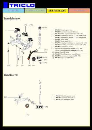 SUSPENSIONMOTOR REFRIGERACION VARIOS
419
Tren delantero:
[ 1 ] - 	 878.891	 Kit juntas pinza freno
[ 2 ] -	 788.802	 Soporte amortiguador delantero
[ 3 ] - 	 788.436	 Bieleta suspensión delantera (‘02→’08)
[ 4 ] - 	 368.809	 Soporte motor derecho 1.4 / 1.6 TDCI (→’08)
	 368.887	 Soporte motor derecho 1.2 / 1.4 / 1.6 gasolina
[ 5 ] - 	 338.014	 Tuerca rueda
	 338.350	 Tuerca rueda (‘08→)
[ 6 ] - 	 788.573	 Goma barra estabilizadora delantera (‘02→’08)
[ 7 ] - 	 788.800	 Silentbloc anterior brazo delantero (‘02→’08)
[ 8 ] - 	 368.882	 Soporte motor trasero
[ 9 ] - 	 778.576	 Brazo suspensión derecho (‘02→’08)
	 778.577	 Brazo suspensión izquierdo (‘02→’08)
[ 10 ] - 	338.007	 Perno de rueda
[ 11 ] -	788.801	 Silentbloc posterior brazo delantero
[ 12 ] - 	368.883	 Soporte motor izquierdo (‘02→’08)
[ 13 ] - 	908.168	 Buje de rueda delantero
Tren trasero:
[ 1 ] - 	 788.869	 Silentbloc puente trasero
[ 2 ] - 	 848.852	 Tambor de freno (‘08→)
[ 3 ] - 	 878.891	 Kit juntas pinza freno
	
FORD Fiesta / Fusion (‘02→)
 