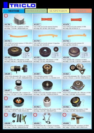 SUSPENSIONREFRIGERACIONMOTOR VARIOS
431
FORD Galaxy / S-Max
428.138
Polea cigueñal (‘06→) motores 1.8 TDCI
Ref.Adap. 1 151 392 / 1 143 413 / 1S4Q6B319AE
a = 6 canales
b = 39,5 / 60
c = 138 / 153
d = 14423.302
Polea cigueñal (‘95→’00) motores 1.9 TDI
Ref.Adap. 1 069 593 / 7 198 528 / 95VW6B321CB
a = 6 canales
b = 32 / 47
c = 154 / 160
d = 30 423.355
Polea cigueñal (‘00→’06) motores 1.9 TDI
Ref.Adap. 1 315 782 / 3M216B320AA
a = 6 canales
b = 34,5 / 42
c = 138 / 143
d = 30
423.863
Tensor correa alternador (‘00→’06) mot. 1.9 TDI
Ref.Ad. 1 376 631 / 1 122 523 / YM216K254AA
423.869
Polea alternador motores 1.9 TDI
Ref.Adap. 022 903 119 C / A / 038 903 119 T
423.930
Rodillo tensor correa alternador motores 1.9 TDI
Ref.Adap. 1 051 901 / VX028145278EVX
423.961
Tensor correa alternador (‘95→’00) mot. 1.9 TDI
Ref.Adap. 1 039 808 / 95VW10145DA
423.964
Rodillo correa distribución (‘02→) mot. 1.9 TDI
Ref.Adap. 1 221 491 / 2M216K297AA
423.966
Tensor correa distribución motores 1.9 TDI
Ref.Adap. 1 221 490 / 2M216K254AA
428.685
Tensor correa alternador (‘06→) mot. 1.8 TDCI
Ref.Ad. 1 477 441 / 1 151 207 / 5M5Q10D310AB
428.697
Tensor correa alternador (‘06→) motores 2.0
Ref.Adap. 1 371 224 / 1 127 103 / 1S7Q6A228AE
428.828
Kit distribución (‘06→) motores 1.8 TDCI
Ref. Adap. 1 198 056 / 2M5Q-6P250-AB
New
2012
428.836
Kit distribución (‘06→) motores 2.0 gasolina
Ref. Adap. 1 119 172 + 1 347 669 + 1 119 869
New
2012
438.890
Sensor árbol levas (‘06→) motores 1.8 TDCI
Ref. Adap. 1 355 063 / 5M51-12K073-AA
New
2013
428.853
Rodillo correa alternador mot. 2.0 / 2.3 gasolina
Ref. Adap. 1 139 951 / YS4E-19A216-AA
New
2013
413.517
Guía varilla nivel aceite motores Gasolina
Ref.Adap. 053 103 663 / 050 103 663
413.670
Guía varilla nivel aceite motores 1.9 TDI
Ref.Adap. 028 103 663 B / A
413.714
Guía varilla nivel aceite motores 1.9 TDI (ANU)
Ref.Adap. 038 103 663
413.715
Guía varilla nivel aceite motores 1.8 gasolina
Ref.Adap. 06A 103 663 B
413.716
Guía varilla nivel aceite motores 2.0
Ref.Adap. 06A 103 663 C
411.704
Enfriador aceite (‘06→) motores 1.6 TDCI
Ref.Adap. 1 516 998 / 3M5Q-6A642-AA
New
2013
 