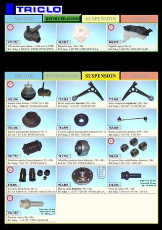 SUSPENSIONMOTOR REFRIGERACION VARIOS
SUSPENSIONMOTOR REFRIGERACION VARIOS
433
FORD Galaxy / S-Max
783.406
Soporte amortiguador delantero (‘95→)
Ref.Ad. 7 201 848 / 95VW3K031AA
784.599
Cojinete soporte amortiguador delantero (‘95→)
Ref.Adap. 1 102 592 / 7 201 688
783.775
Silentbloc anterior brazo delantero (‘95→’06)
Ref.Adap. 7 201 717 / 95VW5A638CA
783.776
Silentbloc posterior brazo delantero (‘95→’06)
Ref.Ad. 7 396 830 / 95VW3A262CA
903.465
Buje de rueda delantero (‘96→’06)
Ref.Adap. 1 122 167 / 7 201 007 / 95VW1A137AA
a = 140
b = 68
c = 57
d = 38
e = 43
783.680
Bieleta suspensión delantera (‘95→’06)
Ref.Adap. 1 141 774 / 1 009 591
773.563
Brazo suspensión derecho (‘95→’06)
Ref.Adap. 1 012 632 / 95VW3078AC
773.564
Brazo suspensión izquierdo (‘95→’06)
Ref.Adap. 1 007 602 / 95VW3079AC
334.354
Perno de rueda (‘94→’00)
Ref.Adap. 7 201 016 / 95VW-1107-AB
largo rosca: 34 mm.
largo total: 56 mm.
14 / 150 llave: 19
334.355
Perno de rueda (‘00→’06)
Ref.Adap. 1 126 877 / YM21-1K013-AB
largo rosca: 34 mm.
largo total: 62 mm.
14 / 150 llave: 19
New
2012
362.206
Soporte motor derecho 1.9 TDI (‘95→’00)
Ref.Adap. 1 004 605 / 95VW-6038-ABA
New
2013
878.891
Kit juntas pinza freno (‘06→)
Ref.Ad. 6 186 923 / 1 605 658 / 8AB-2L526-AA
New
2013
788.931
Kit gomas barra estabilizadora trasera (→’06)
Ref.Adap. 1 001 713 + 1 009 649
New
2013
483.822
Depósito agua (‘96→’00)
Ref.Adap. 1 491 328 / 6M21-8K218-AA
488.825
Depósito agua (‘06→)
Ref.Adap. 1 449 986 / 6G91-8K218-AD
New
2012
473.252
Válvula desvaporizadora (→’00) mot. 1.9 TDI
Ref. Adap. 1 008 542 / VX028-129101-VX03
New
2012
 