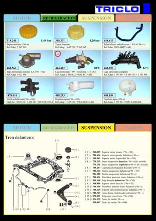 SUSPENSIONMOTOR REFRIGERACION VARIOS
SUSPENSIONMOTOR REFRIGERACION VARIOS
436
FORD Ka
318.371
Tapón depósito
Ref.Adap. 1 647 751 / 7 267 962
1,20 bar318.240
Tapón depósito (’96→)
Ref.Adap. 7 267 969
1,40 bar
468.567
Tapa termostato motores 1.3i (‘96→’02)
Ref.Adap. 1 027 596
488.293
Depósito agua (‘96→’08)
Ref.Adap. 1 107 521 / 97KB-8K218-AG
458.613
Tubo inferior radiador mot. 1.0/1.6 (’96→)
Ref.Adap. XS51-8B273-AB
478.010
Grifo calefacción (‘96→’08)
Ref.Ad. 1 085 638 / 1 451 981 / 96FW18495AA
468.693
Caja termostato completo
Ref.Adap. 1 149 691 + 1 089 792 + 1 313 546
484.184
Depósito agua (‘09→)
Ref.Adap. 1 559 513 / 9S51-8A080-BA
464.487
Caja termostato (‘09→) motores 1.3 TDCI
Ref. Adap. 1 580 532 / 9S51-8575-BB
New
2012
82ºC88ºC
Tren delantero:
[ 1 ] - 	 368.805	 Soporte motor trasero (‘96→’08)
[ 2 ] -	 788.426	 Soporte amortiguador delantero (‘96→
[ 3 ] -	 368.803	 Soporte motor izquierdo (‘96→’08)
[ 4 ] - 	 778.235	 Brazo suspensión derecho (‘96→) dir. asistida
	 778.236	 Brazo suspensión izquierdo (‘96→) dir. asistida
[ 5 ] - 	 788.207	 Cojinete amortiguador delantero (‘96→)
[ 6 ] - 	 788.164 	Bieleta suspensión delantera (‘96→’09)
	 784.182	 Bieleta suspensión delantera (‘09→)
[ 7 ] - 	 788.451	 Silentbloc posterior brazo delantero (‘96→)
[ 8 ] - 	 908.168	 Buje de rueda delantero (’96→’09)
[ 9 ] - 	 368.804	 Soporte motor derecho (‘96→’02)
[ 10 ] - 	788.450	 Silentbloc anterior brazo delantero (‘96→)
[ 11 ] - 	788.429	 Soporte barra estabilizadora delantera (‘96→)
[ 12 ] - 	788.347	 Goma barra estabilizadora delantera (‘96→)
[ 13 ] - 	878.891	 Kit juntas pinza freno (‘96→’08)
[ 14 ] - 	334.535	 Perno de rueda (‘08→)
	 338.007	 Perno de rueda (‘96→’08)
 