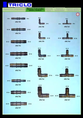 Depósitos c.cTapones c.c Tapones goma y
Juntas tóricas
Tapas de
termostato
Tubos de
agua
Rácores Universales
(plástico y metalicos)
43
REFRIGERACION
458.750
458.751
458.752
458.753
458.754
Ø 19Ø 19
Ø 16Ø 16
Ø 13Ø 13
Ø 10Ø 10
Ø 6Ø 6
458.755
Ø 10Ø 13
458.756
Ø 13Ø 16
458.757
Ø 16Ø 19
458.758
Ø 6
Ø 6
458.759
Ø 10
Ø 10
458.760
Ø 13
Ø 13
458.761
Ø 16
Ø 16
458.762
Ø 19
Ø 19
458.763
Ø 6
Ø 6
Ø 6
458.764
Ø 10
Ø 10
Ø 10
458.765
Ø 13
Ø 13
Ø 13
458.766
Ø 16
Ø 16
Ø 16
458.767
Ø 19
Ø 19
Ø 19
New
2013
 
