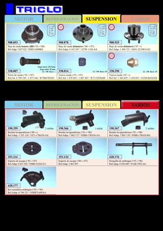 SUSPENSIONMOTOR REFRIGERACION VARIOS
SUSPENSIONMOTOR REFRIGERACION VARIOS
445
FORD Mondeo
908.053
Buje de rueda trasero ABS (‘93→’00)
Ref.Adap. 5 027 622 / 93BX1A049BA
a = 136
b = 63
c = 63
d = --
e = 35
338.007
Perno de rueda (‘93→’07)
Ref.Ad. 6 789 185 / 1 473 166 / W700678S301
largo rosca: 25,5 mm.
largo total: 45 mm.
12 / 150 llave: -- 338.350
Tuerca rueda (‘07→)
Ref.Ad. 1 366 029 / 1 454 051 / 81EB1K024AB
12 / 150 llave: 19
New
2012
338.014
Tuerca rueda (‘93→’07)
Ref.Ad. 1 470 843 / 1 007 487 / W713392S440
12 / 150 llave: 19
908.925
Buje de rueda delantero (‘07→)
Ref.Adap. 1 496 721 / 6G91-2C300-GAC
a = 136
b = 63,5
c = --
d = 40
e = 82
New
2013
908.878
Buje de rueda delantero (‘00→’07)
Ref.Adap. 4 103 347 / 1S7W-1104-AA
a = 134
b = 63,5
c = --
d = 27
e = 40
New
2013
628.177
Kit cremallera embrague (‘93→’96)
Ref.Adap. 6 706 221 / 93BB7L609AA
628.176
Horquilla de embrague (‘93→’96)
Ref.Adap. 6 928 449 / 91AB-7503-AG
353.114
Soporte de escape (‘93→’07)
Ref.Adap. 6 831 302 / 93BB-5A262-FA
353.134
Soporte de escape (‘00→’07)
Ref.Adap. 1 061 967
190.367
Bomba lavaparabrisas (‘93→’00)
Ref.Adap. 7 003 178 / 93BB-17K624-BA
2 salidas190.366
Bomba lavaparabrisas (‘93→’00)
Ref.Adap. 7 003 177 / 93BB-17K624-AA
1 salida190.359
Bomba lavaparabrisas (‘00→)
Ref.Adap. 1 355 124 / 1S71-17K624-AA
2 salidas
 