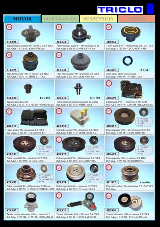 SUSPENSIONREFRIGERACIONMOTOR VARIOS
448
FORD Transit
428.492
Polea cigueñal (‘85→’00) motores 2.5 Diesel
Ref.Adap. 1 042 771 / 1 050 619 / 954F6B319AB
a = 4+1 canales
b = 38 / 80
c = 136 / 140 / 151
d = 50
328.030
Tapón cárter de aceite
Ref.Adap. 1 454 117 / 6 732 529 / 89FF6730AA
14 x 150 328.031
Tapón cárter de aceite (con junta de goma)
Ref.Adap. 1 013 938 / 97JM6730BA
14 x 150
322.615
Junta tapón cárter (sólo goma)
Ref.Adap. 1 005 593 / 97JM6734BA
14 x 22
421.243
Polea cigueñal (‘06→) motores 2.2 TDCI
Ref.Adap. 1 387 095 / 6C1Q6B319CC
a = 6 + 4 canales
b = 45
c = 159 / 167
d = 13 428.619
Polea cigueñal (‘06→) motores 2.4 TDCI
Ref.Adap. 1 379 766 / 6C1Q6B319EA
a = 7 canales
b = 43
c = 168
d = 13
428.697
Tensor correa alternador (‘06→) motores 2.3
Ref.Adap. 1 371 224 / 1 127 103 / 1S7Q6A228AE
428.817
Polea cigueñal (‘00→’06) motores 2.0 TDCI
Ref.Adap. 1 594 853 / 4C1Q-6B319-DC
a = 5 canales
b = 36,9 / 80
c = 167
d = 13
New
2011
428.826
Tensor alternador (‘00→’06) mot. 2.0 TDCI
Ref.Adap. 1 201 181 / XS7E-6A228-CB
New
2012
311.793
Tapa filtro aceite (‘06→) motores 2.2 TDCI
Ref.Adap. 1 303 477 / 3M5Q-6737-AA
New
2013
421.822
Polea alternador (‘06→) motores 2.2 / 2.4 TDCI
Ref.Adap.
New
2013
6 canales
408.699
Cárter aceite (‘00→) motores 2.0 D / 2.2 D
Ref. Ad. 1 706 974 / 1 209 018 / BK2Q6675AA
New
2012
428.873
Polea cigueñal (‘00→’06) motores 2.4 TDCI
Ref.Adap. 1 329 202 / 4C1Q-6B319-BA
a = 7 canales
b = 31
c = 161 / 166
d = -
New
2013
428.874
Polea cigueñal (‘06→) motores 3.2 TDCI
Ref.Adap. 1 469 722 / 7C16-6B319-AB
a = 7 canales
b = 58
c = 158 / 166
d = -
New
2013
408.912
Cárter aceite (‘00→) motores 2.4 TDCI
Ref. Adap. 1 146 957 / YC1Q-6675-CC
New
2013
318.898
Tapón llenado aceite (‘06→) mot. 2.2/2.3 TDCI
Ref.Adap. 1 135 010 / YS4G-6766-AA
New
2013
318.921
Tapón llenado aceite (→’00) motores 2.5 D
Ref.Adap. 1 018 555 / 974F-6A785-BA
New
2013
318.922
Tapón aceite (‘00→’06) motores 2.0 / 2.4 TDCI
Ref.Adap. 1 121 699 / XS7Q-6K614-AB
New
2013
428.856
Tensor alternador (‘00→) motores 2.4 TDCI
Ref. Adap. 1 333 203 / YC1E-6A228-AG
New
2013
418.851
Enfriador aceite (‘00→) motores 2.4 TDCI
Ref.Adap. 1 211 772 / YC1Q-6B624-AK
New
2012
315.748
Tapa filtro aceite (‘00→) motores 2.4 TDCI
Ref.Adap. 1 203 004 / 2S7Q-6766-AA
New
2013
 