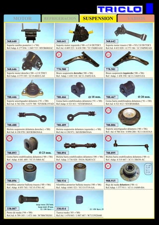 SUSPENSIONMOTOR REFRIGERACION VARIOS
450
FORD Transit
368.641
Soporte motor izquierdo (‘00→) 2.4 DI/TDCI
Ref.Ad. 4 409 223 / 4 638 390 / YC156B014AE
368.642
Soporte motor trasero (‘00→’03) 2.0 DI/TDCI
Ref.Ad. 4 433 028 / 4 375 186 / 1C156P082AD
368.646
Soporte motor derecho (‘00→) 2.0 TDCI
Ref.Adap. 4 375 185 / 1C15-6E012-AE
788.446
Soporte amortiguador delantero (‘91→’00)
Ref.Ad. 6 763 456 / 6 675 788 / 92VB3K155AD
788.466
Goma barra estabilizadora delantera (‘91→’00)
Ref.Adap. 6 521 811 / 92VB5484AA
788.467
Goma barra estabilizadora delantera (‘91→’00)
Ref.Ad. 6 521 812 / 92VB5484BA
Ø 20 mm.Ø 18 mm.
368.640
Soporte cambio posterior (→’94)
Ref.Adap. 6 177 036 / 1 045 715 / 88VB6068AC
788.488
Bieleta suspensión delantera derecha (→’00)
Ref.Ad. 6 150 970 / 86VB3B438AA
788.489
Bieleta suspensión delantera izquierda (→’00)
Ref.Ad. 6 150 971 / 86VB3B439AA
338.007
Perno de rueda (‘94→’00)
Ref.Ad. 6 789 185 / 1 473 166 / W700678S301
largo rosca: 25,5 mm.
largo total: 45 mm.
12 / 150 llave: -- 338.014
Tuerca rueda (‘85→’00)
Ref.Ad. 1 470 843 / 1 007 487 / W713392S440
12 / 150 llave: 19
788.806
Soporte amortiguador delantero (‘00→’06)
Ref. Ad. 4 706 416 / 4 094 280 / 5C1118183AA
New
2013
788.893
Goma barra estabilizadora delantera (‘00→’06)
Ref. Adap. 4 041 489 / YC15-5484-AC
New
2013
Ø 23 mm. 788.894
Bieleta barra estabilizadora delantera (‘00→’06)
Ref. Adap. 3 736 028 / F65A-5K483-CC
New
2013
788.895
Bieleta barra estabilizadora delantera (‘00→)
Ref. Adap. 4 519 467 / 3C11-3B438-AC
New
2013
788.896
Silentbloc anterior ballesta trasera (‘00→’06)
Ref. Adap. 4 055 743 / YC15-5781-AC
New
2013
778.580
Brazo suspensión derecho (‘00→’06)
Ref. Adap. 1 438 318 / 6C11-3A052-EA
New
2013
778.581
Brazo suspensión izquierdo (‘00→’06)
Ref. Adap. 1 438 350 / 6C11-3A053-EA
New
2013
908.915
Buje de rueda delantero (‘06→)
Ref.Adap. 1 377 911 / 1C11-1A049-BA
a = 193
b = 65
c = --
d = --
e = 37
New
2013
788.934
Silentbloc posterior ballesta trasera (‘00→’06)
Ref. Adap. 4 041 521 / YC15-5719-AA
New
2013
 