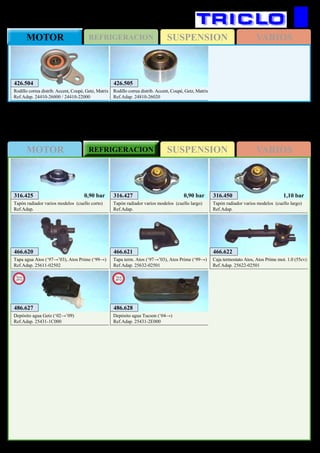 SUSPENSIONMOTOR REFRIGERACION VARIOS
SUSPENSIONREFRIGERACIONMOTOR VARIOS
458
HYUNDAI
316.450
Tapón radiador varios modelos (cuello largo)
Ref.Adap.
1,10 bar
466.620
Tapa agua Atos (‘97→’03), Atos Prime (‘99→)
Ref.Adap. 25611-02502
466.621
Tapa term. Atos (‘97→’03), Atos Prime (‘99→)
Ref.Adap. 25632-02501
466.622
Caja termostato Atos, Atos Prime mot. 1.0 (55cv)
Ref.Adap. 25622-02501
316.427
Tapón radiador varios modelos (cuello largo)
Ref.Adap.
0,90 bar316.425
Tapón radiador varios modelos (cuello corto)
Ref.Adap.
0,90 bar
486.627
Depósito agua Getz (‘02→’09)
Ref.Adap. 25431-1C000
New
2012
486.628
Depósito agua Tucson (‘04→)
Ref.Adap. 25431-2E000
New
2012
426.504
Rodillo correa distrib. Accent, Coupé, Getz, Matrix
Ref.Adap. 24410-26000 / 24410-22000
426.505
Rodillo correa distrib. Accent, Coupé, Getz, Matrix
Ref.Adap. 24810-26020
 