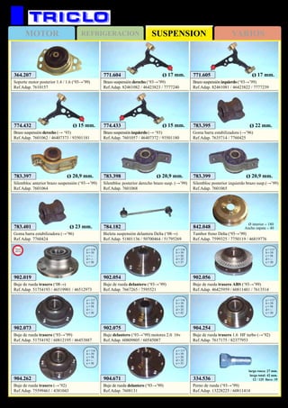 SUSPENSIONMOTOR REFRIGERACION VARIOS
469
LANCIA Delta / Prisma
774.432
Brazo suspensión derecho (→ ‘93)
Ref.Adap. 7601062 / 46407373 / 93501181
774.433
Brazo suspensión izquierdo (→ ‘93)
Ref.Adap. 7601057 / 46407372 / 93501180
Ø 15 mm.Ø 15 mm.
902.054
Buje de rueda delantero (‘93→’99)
Ref.Adap. 7667265 / 7595521
a = 116
b = 59
c = 58
d = 25
e = 37
902.075
Buje delantero (‘93→’99) motores 2.0 16v
Ref.Adap. 60809805 / 60545087
a = 116
b = 59
c = 58
d = 25
e = 42
902.073
Buje de rueda trasero (‘93→’99)
Ref.Adap. 51754192 / 60812195 / 46453887
a = 117
b = 59
c = 58
d = --
e = 30
902.056
Buje de rueda trasero ABS (‘93→’99)
Ref.Adap. 46425959 / 60811481 / 7613514
a = 117
b = 59
c = 58
d = --
e = 30
904.262
Buje de rueda trasero (→’92)
Ref.Adap. 75599461 / 4381043
a = 116
b = 59
c = 58
d = --
e = 30
904.254
Buje de rueda trasero 1.6 HF turbo (→’92)
Ref.Adap. 7617175 / 82377953
a = 117
b = 59
c = 58
d = --
e = 30
904.671
Buje de rueda delantero (‘93→’99)
Ref.Adap. 7608131
a = 117
b = 59
c = 58
d = 22
e = 35
364.207
Soporte motor posterior 1.4 / 1.6 (‘93→’99)
Ref.Adap. 7610157
783.397
Silentbloc anterior brazo suspensión (‘93→’99)
Ref.Adap. 7601064
783.398
Silentbloc posterior derecho brazo susp. (→’99)
Ref.Adap. 7601068
783.399
Silentbloc posterior izquierdo brazo susp.(→’99)
Ref.Adap. 7601065
Ø 20,9 mm.Ø 20,9 mm.Ø 20,9 mm.
783.395
Goma barra estabilizadora (→’96)
Ref.Adap. 7635714 / 7760425
783.401
Goma barra estabilizadora (→’96)
Ref.Adap. 7760424
Ø 23 mm.
Ø 22 mm.
784.182
Bieleta suspensión delantera Delta (‘08→)
Ref.Adap. 51801136 / 50700464 / 51795269
842.048
Tambor freno Delta (‘93→’99)
Ref.Adap. 7599325 / 7750119 / 46819776
Ø interior = 180
Ancho zapata = 40
771.604
Brazo suspensión derecho (‘93→’99)
Ref.Adap. 82461082 / 46423823 / 7777240
771.605
Brazo suspensión izquierdo (‘93→’99)
Ref.Adap. 82461081 / 46423822 / 7777239
Ø 17 mm.Ø 17 mm.
902.019
Buje de rueda trasero (‘08→)
Ref.Adap. 51754193 / 46519901 / 46512973
a = 118
b = 59
c = --
d = --
e = 30
New
2012
334.536
Perno de rueda (‘93→’99)
Ref.Adap. 13228225 / 60811414
largo rosca: 27 mm.
largo total: 42 mm.
12 / 125 llave: 19
 